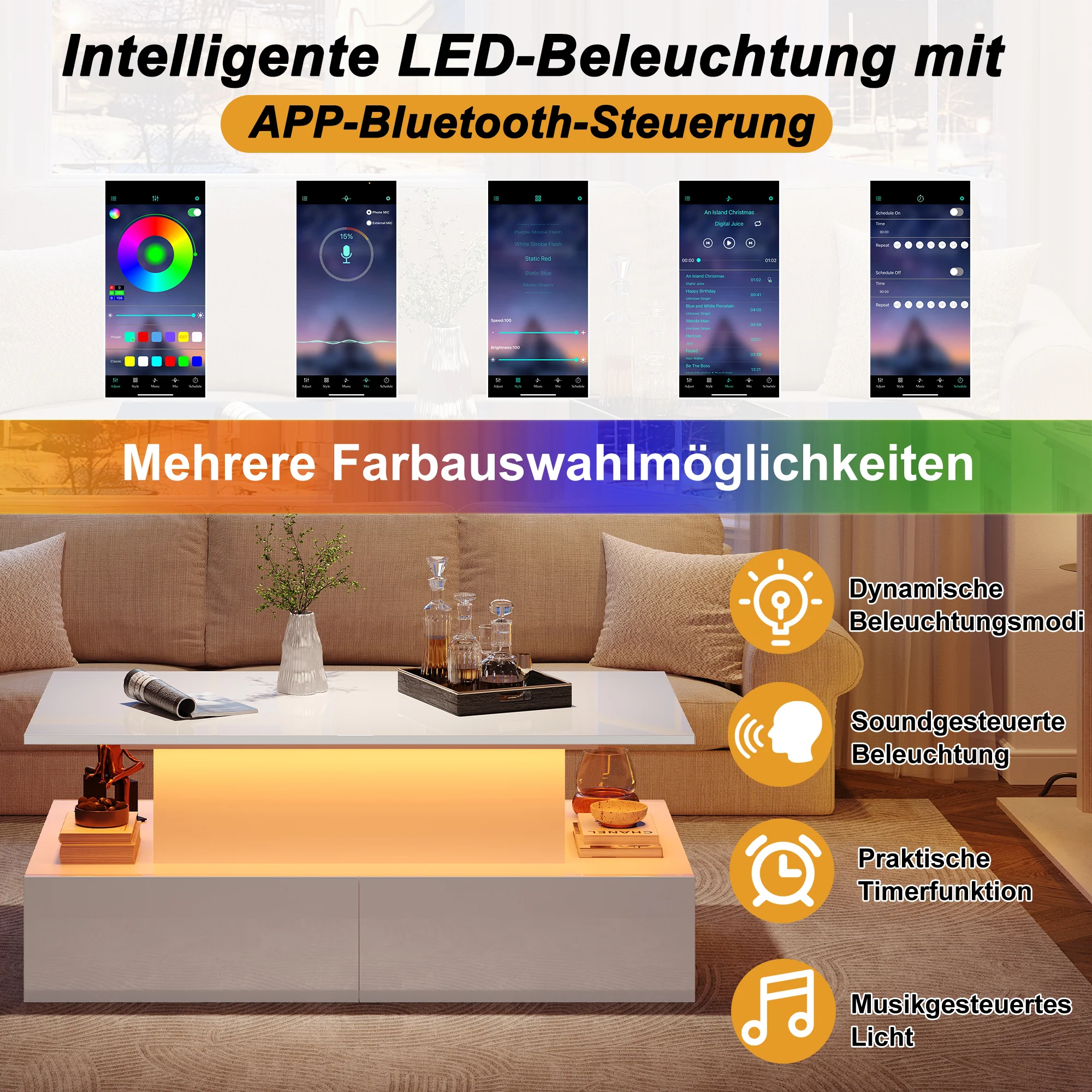Coffee Table with LED Lighting and 4 Drawers, 90x55x41 cm, White High-Gloss - Image 5