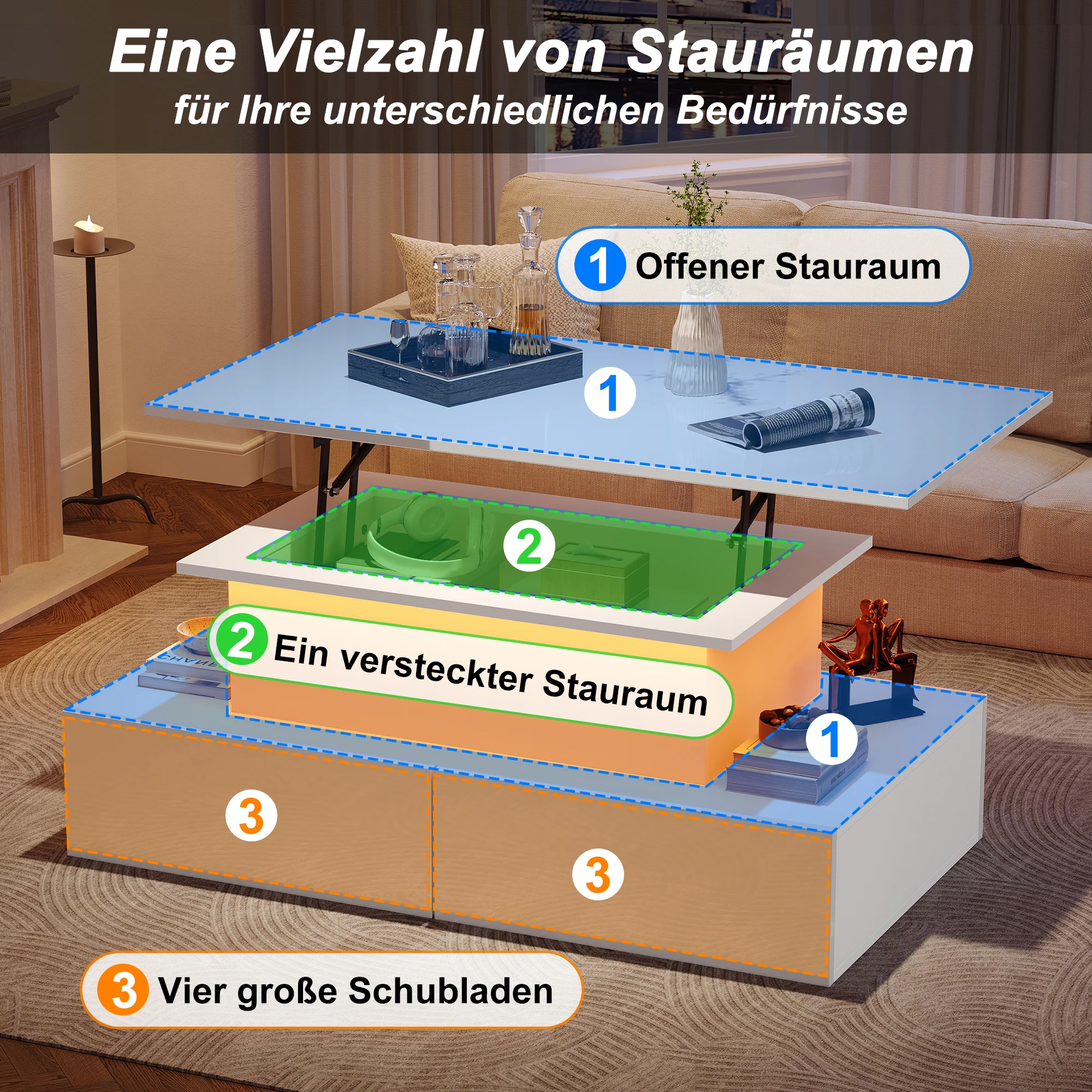 Coffee Table with LED Lighting and 4 Drawers, 90x55x41 cm, White High-Gloss - Image 6