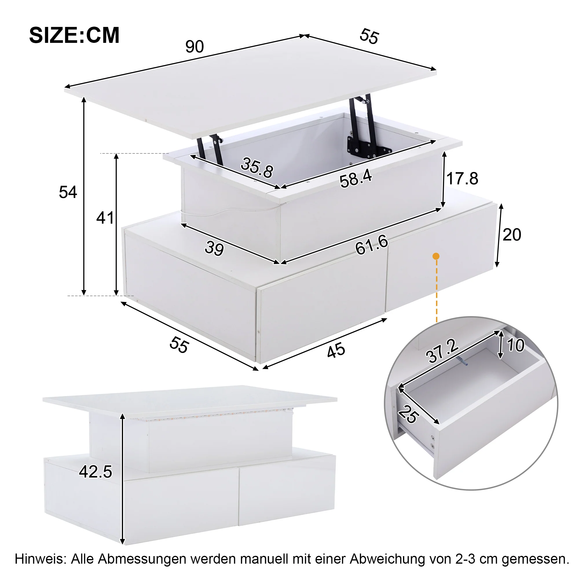 Coffee Table with LED Lighting and 4 Drawers, 90x55x41 cm, White High-Gloss - Image 9