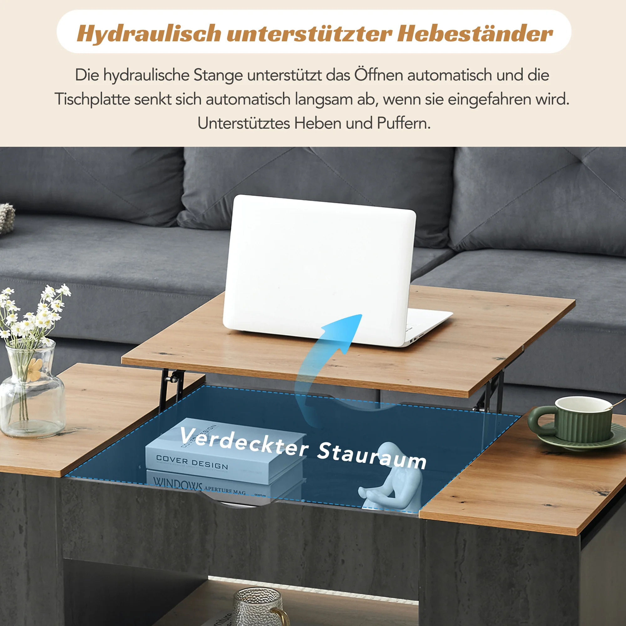 Coffee Table with Lift Function & Storage 109.5cm - Grey Frame - Image 10