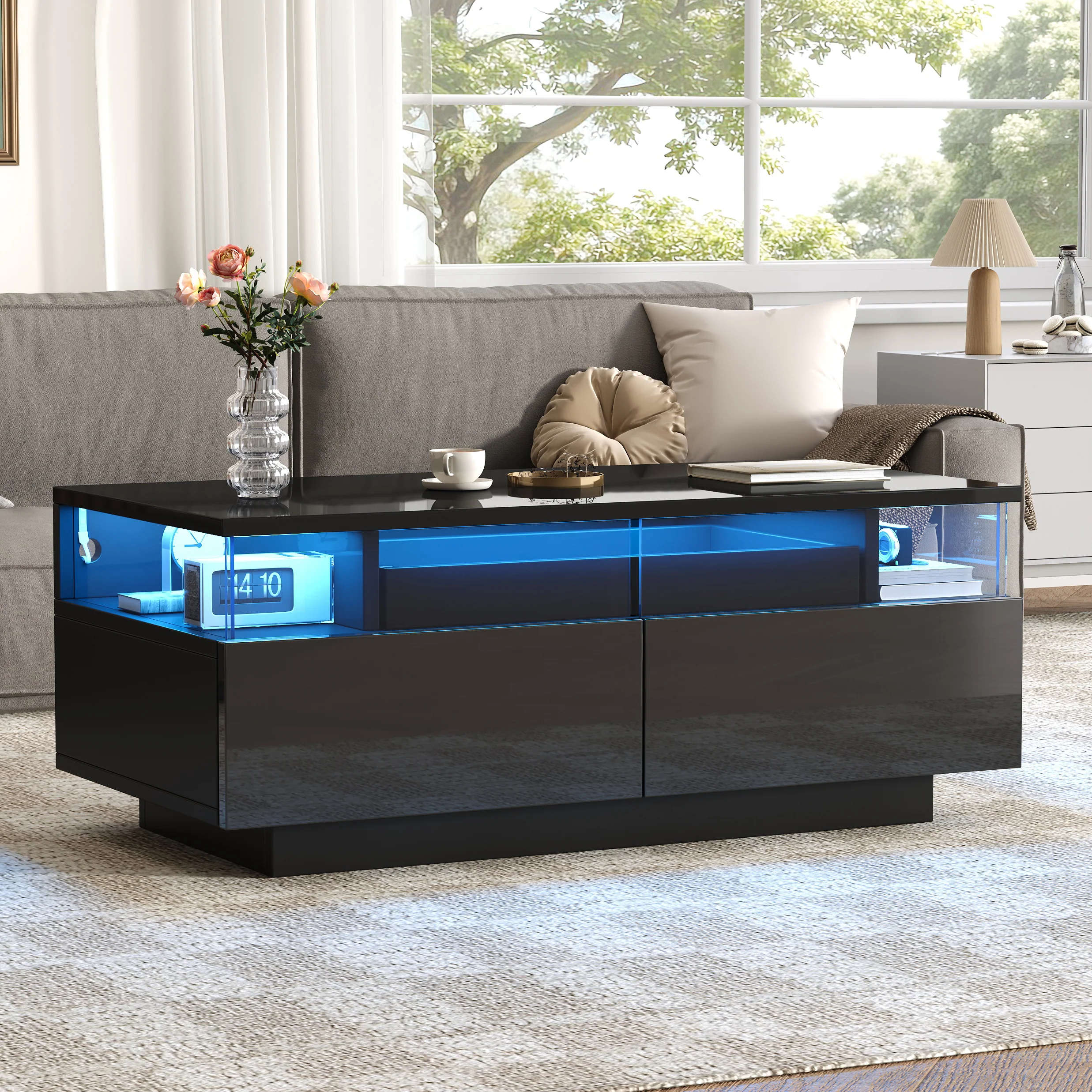 Coffee Table with Tray, High-Gloss, 2 Drawers, Tempered Glass, LED Light, Black - Image 2