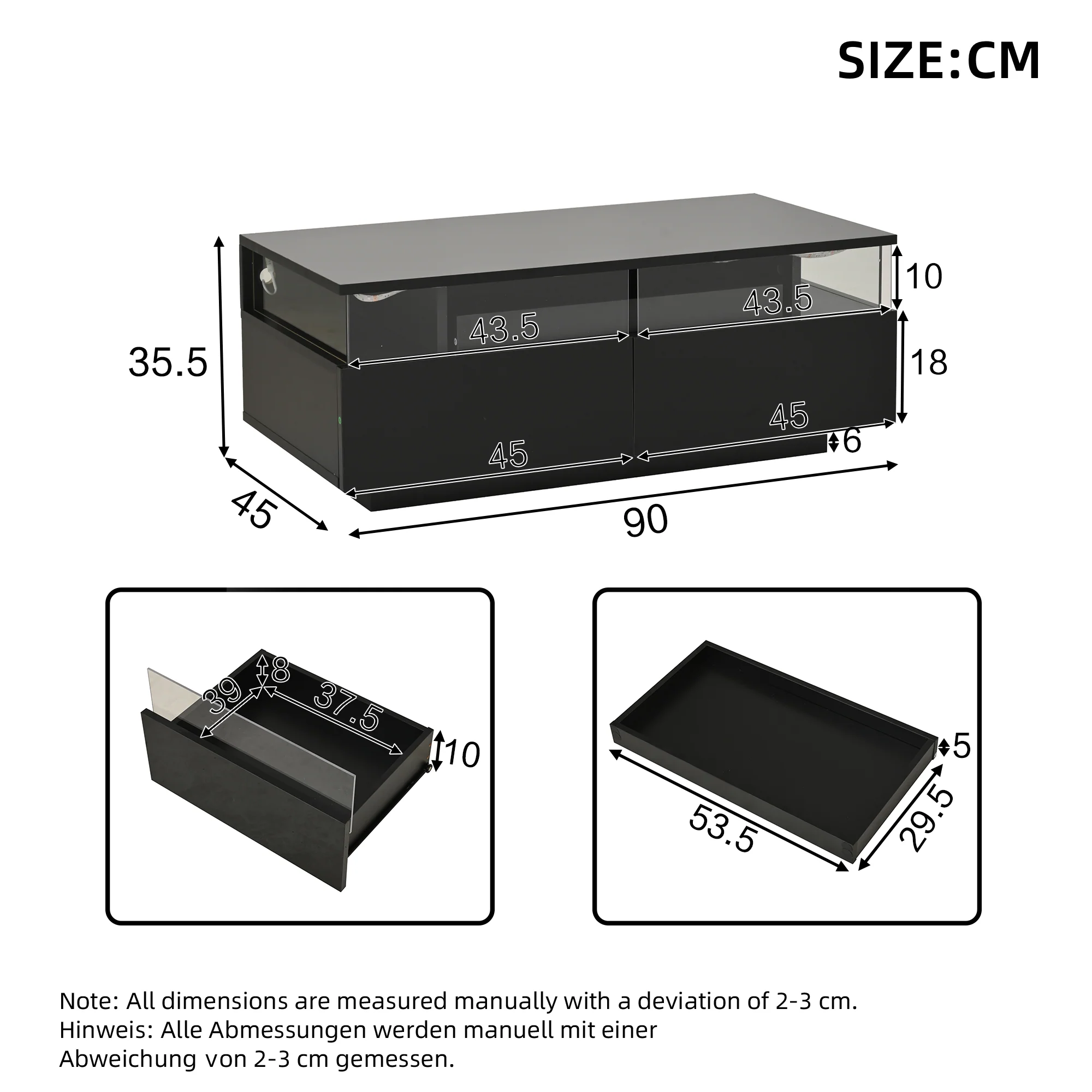 Coffee Table with Tray, High-Gloss, 2 Drawers, Tempered Glass, LED Light, Black - Image 3
