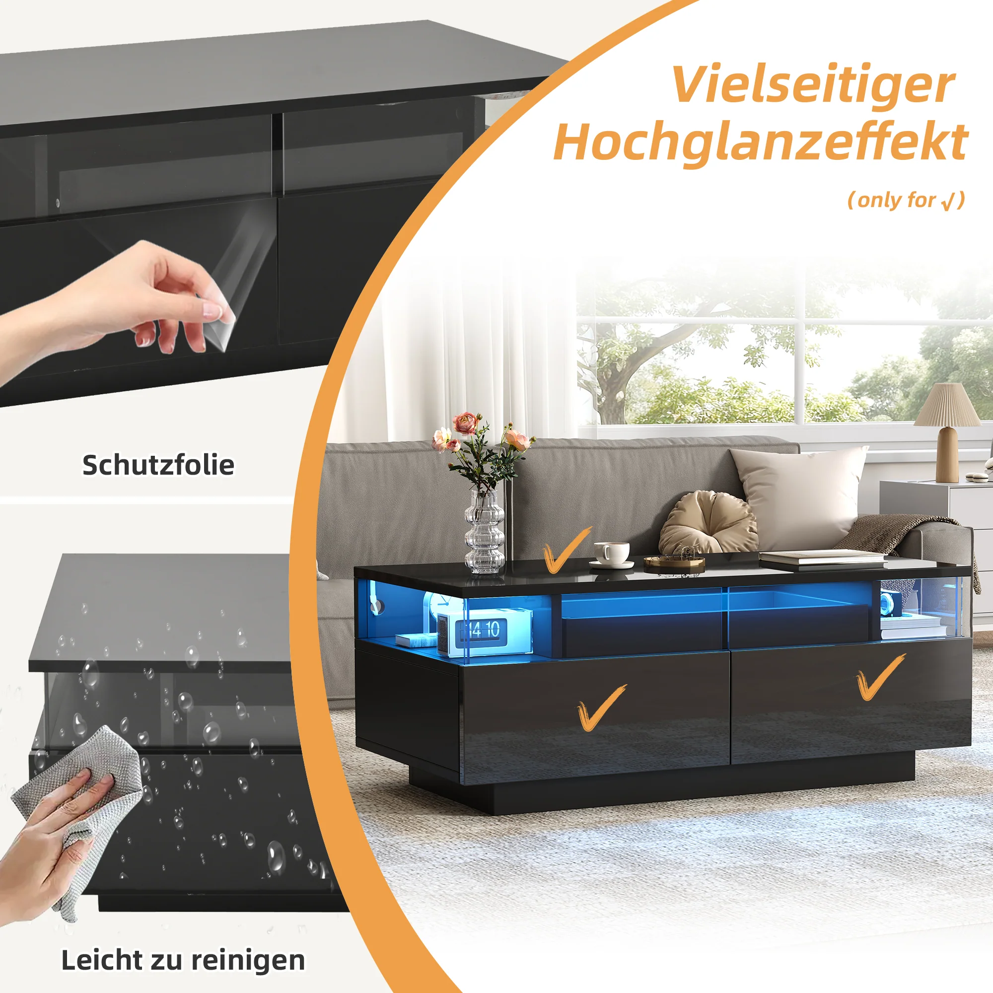 Coffee Table with Tray, High-Gloss, 2 Drawers, Tempered Glass, LED Light, Black - Image 4