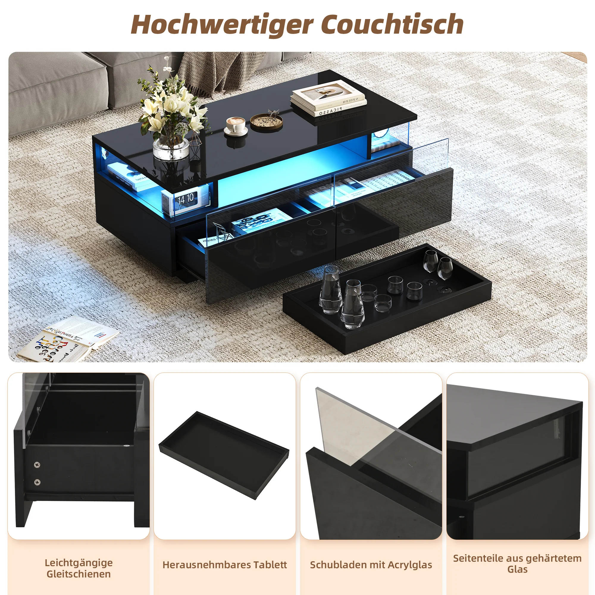 Coffee Table with Tray, High-Gloss, 2 Drawers, Tempered Glass, LED Light, Black - Image 5