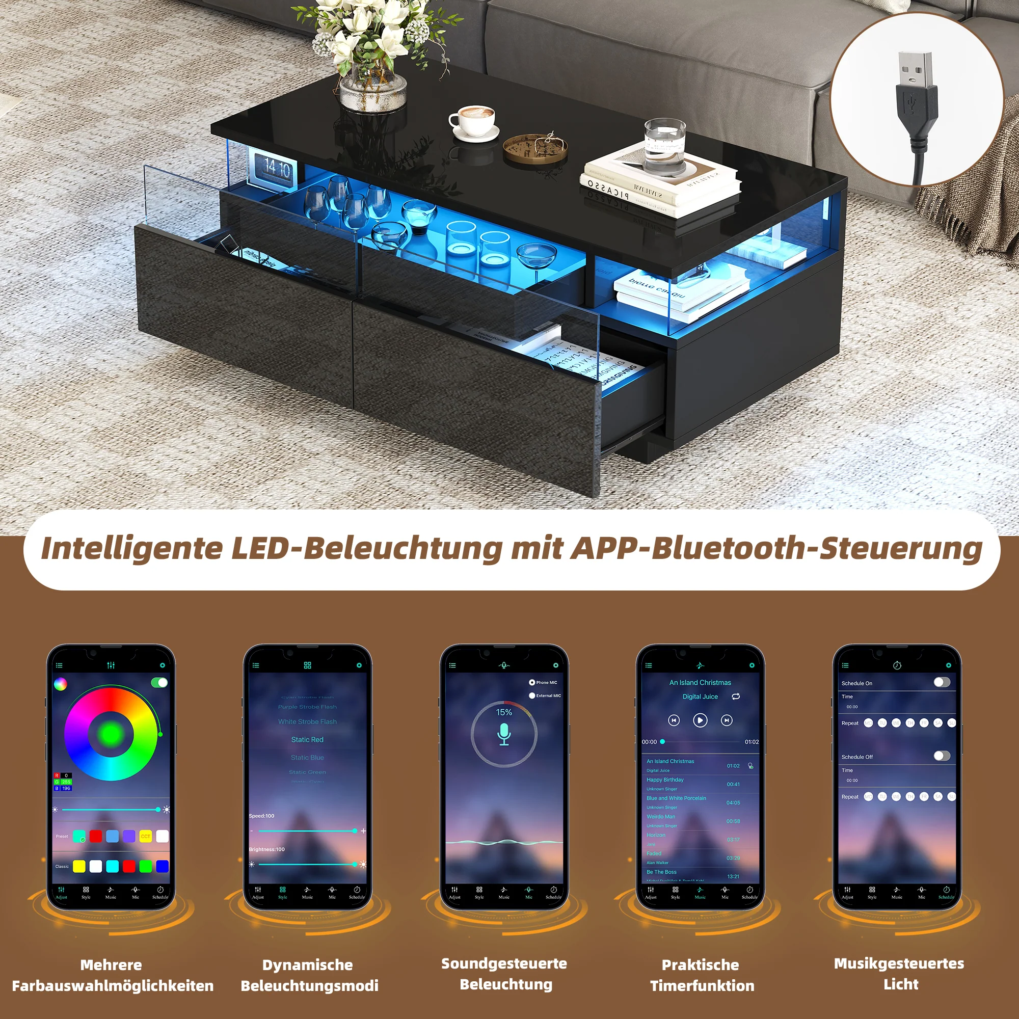 Coffee Table with Tray, High-Gloss, 2 Drawers, Tempered Glass, LED Light, Black - Image 6
