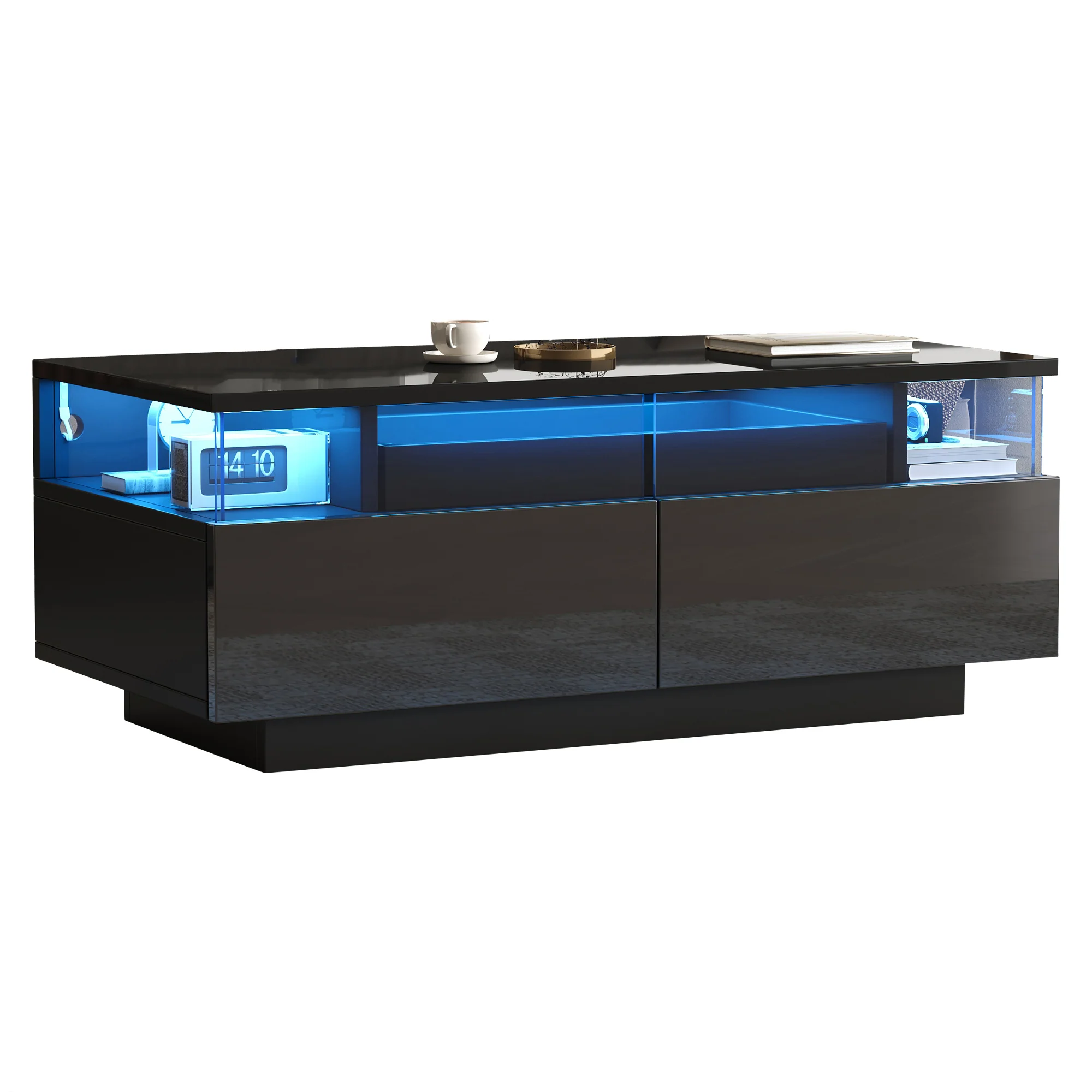 Coffee Table with Tray, High-Gloss, 2 Drawers, Tempered Glass, LED Light, Black - Image 7