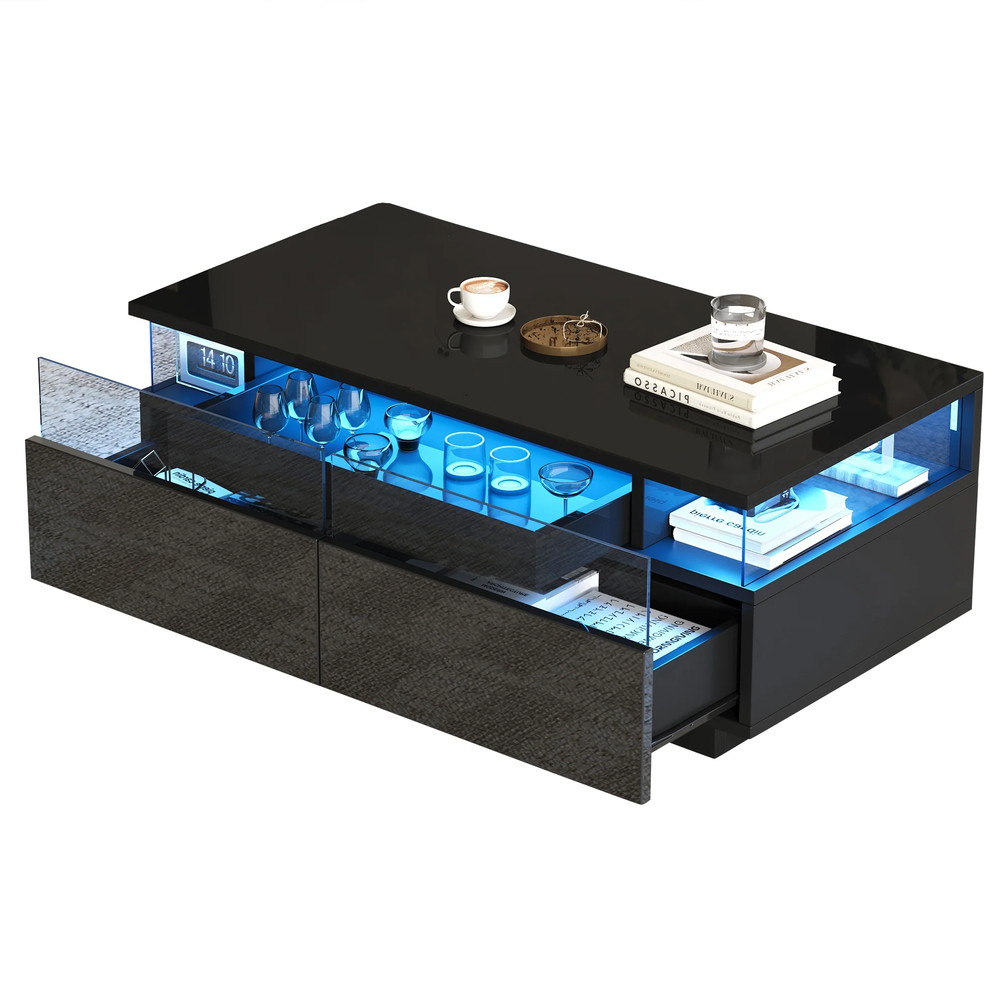 Coffee Table with Tray, High-Gloss, 2 Drawers, Tempered Glass, LED Light, Black - Image 8