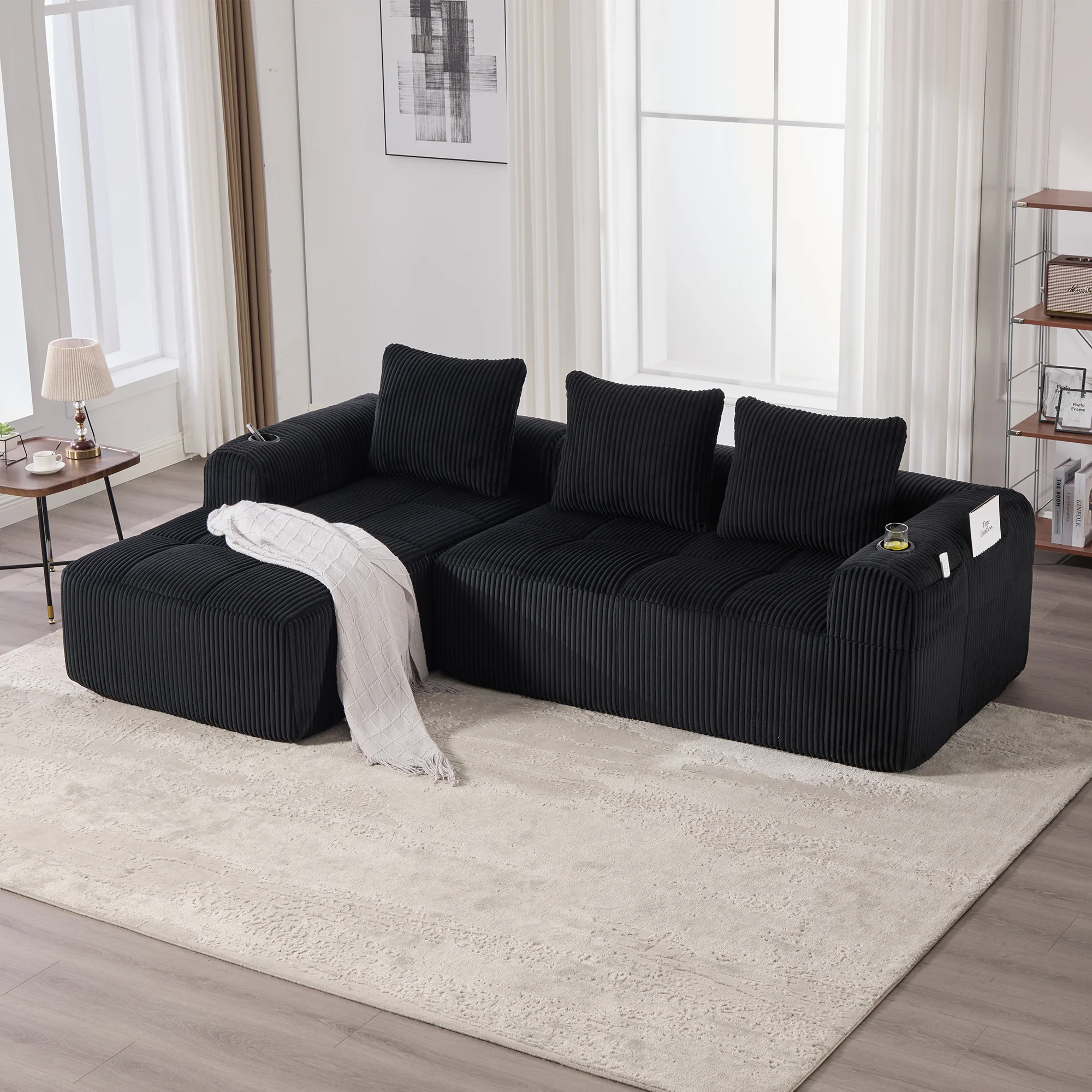 Compact Modular Sofa Side Pocket Cup Holder 3 Cushions - Corduroy Black