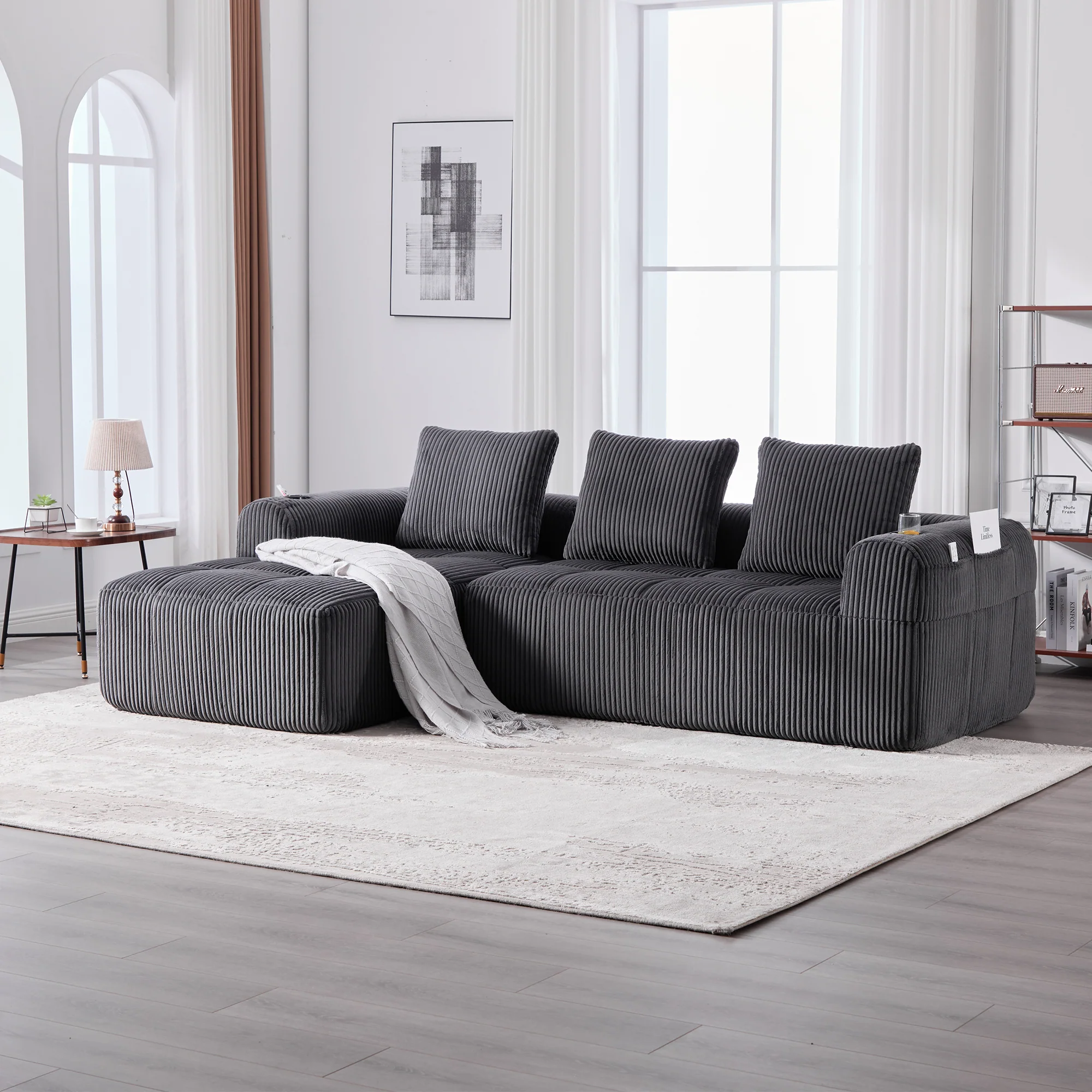 Compact Sofa Modular Side Pocket Cup Holder 3 Cushions - Corduroy Dark Gray - Image 3