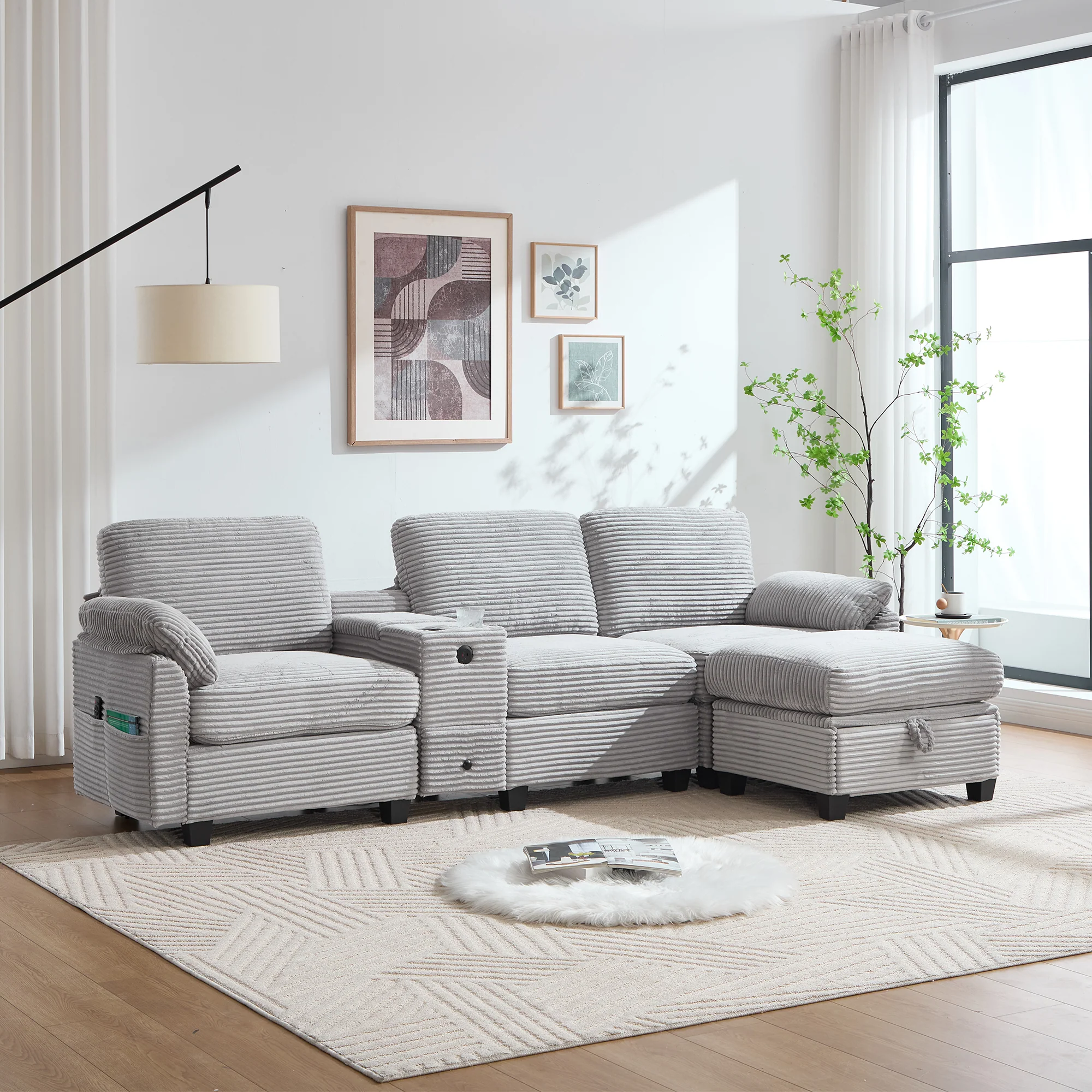 Corduroy Sofa Large Comfort Foam Console USB-C Storage Drawer Ottoman - Image 10