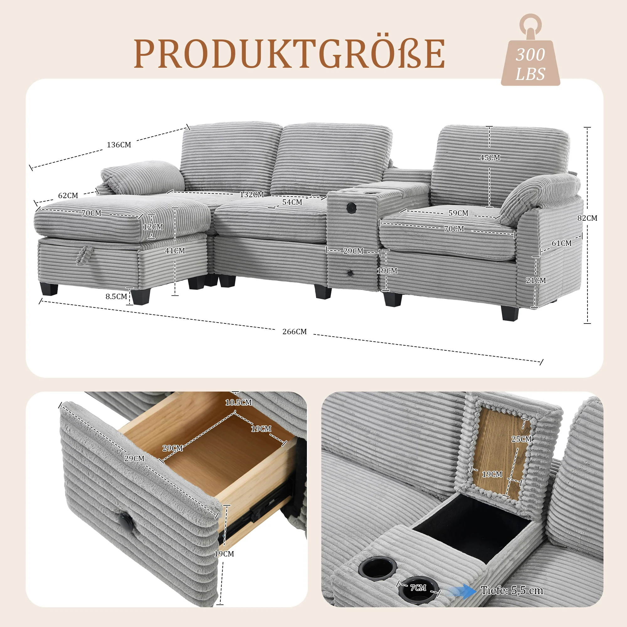 Corduroy Sofa Large Comfort Foam Console USB-C Storage Drawer Ottoman - Image 2
