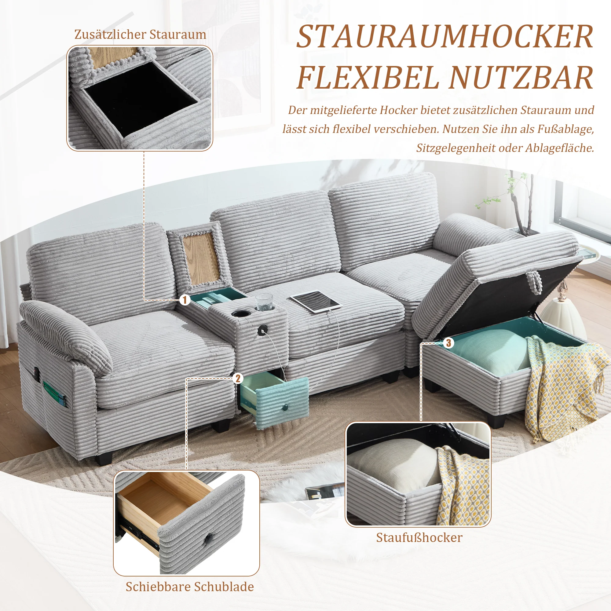 Corduroy Sofa Large Comfort Foam Console USB-C Storage Drawer Ottoman - Image 4