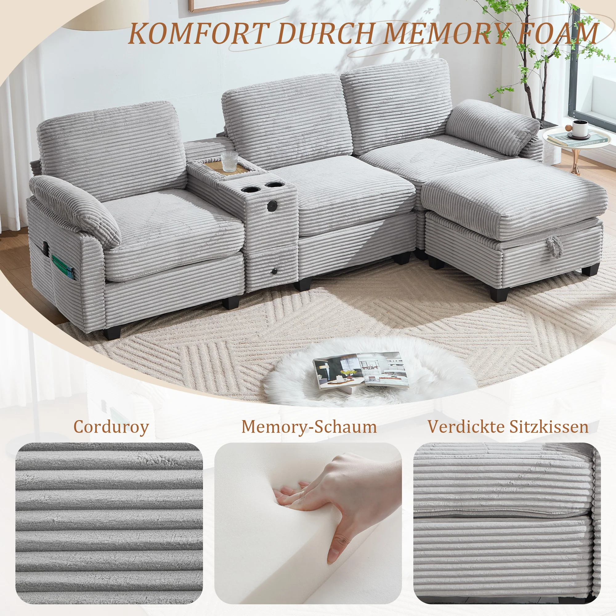 Corduroy Sofa Large Comfort Foam Console USB-C Storage Drawer Ottoman - Image 6