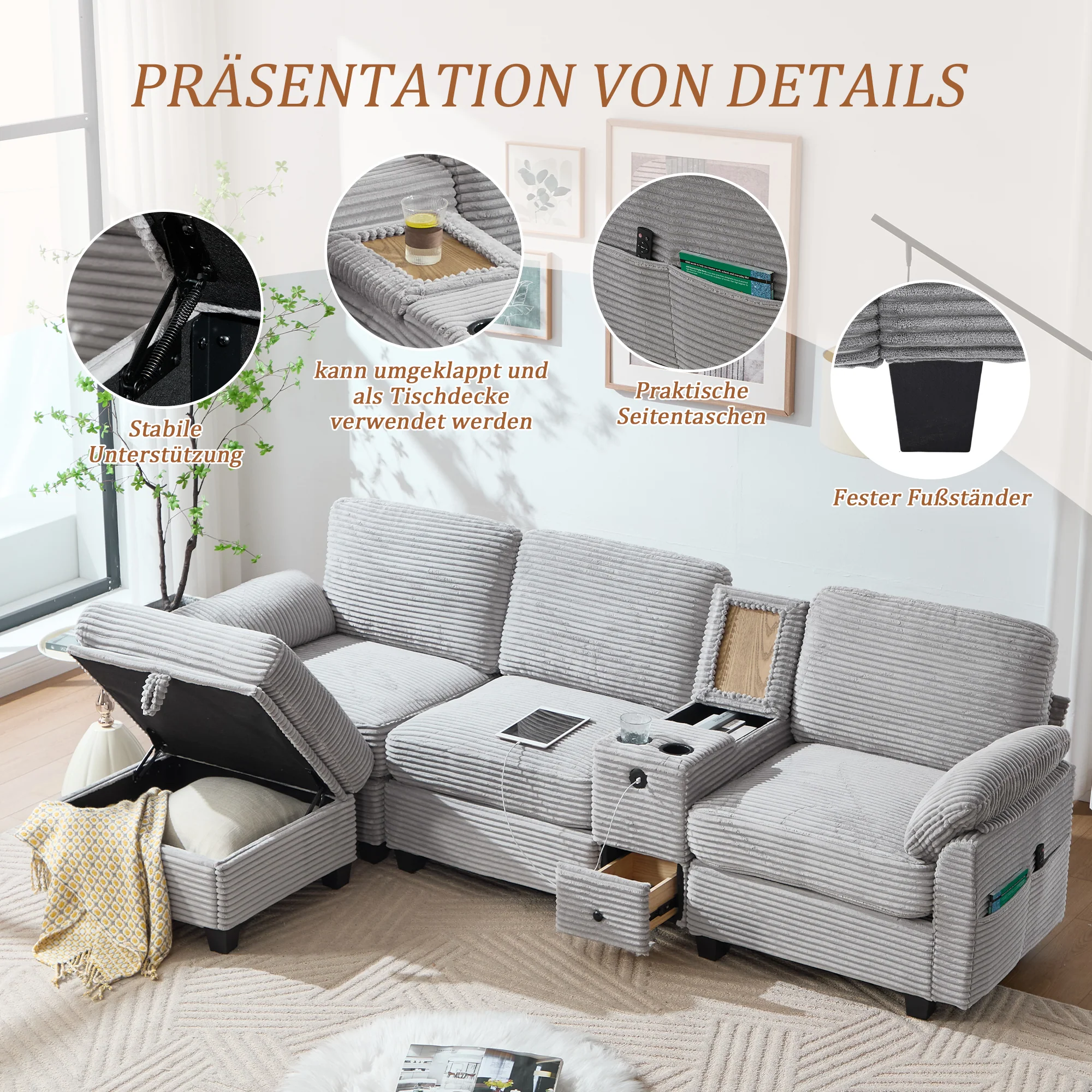 Corduroy Sofa Large Comfort Foam Console USB-C Storage Drawer Ottoman - Image 7