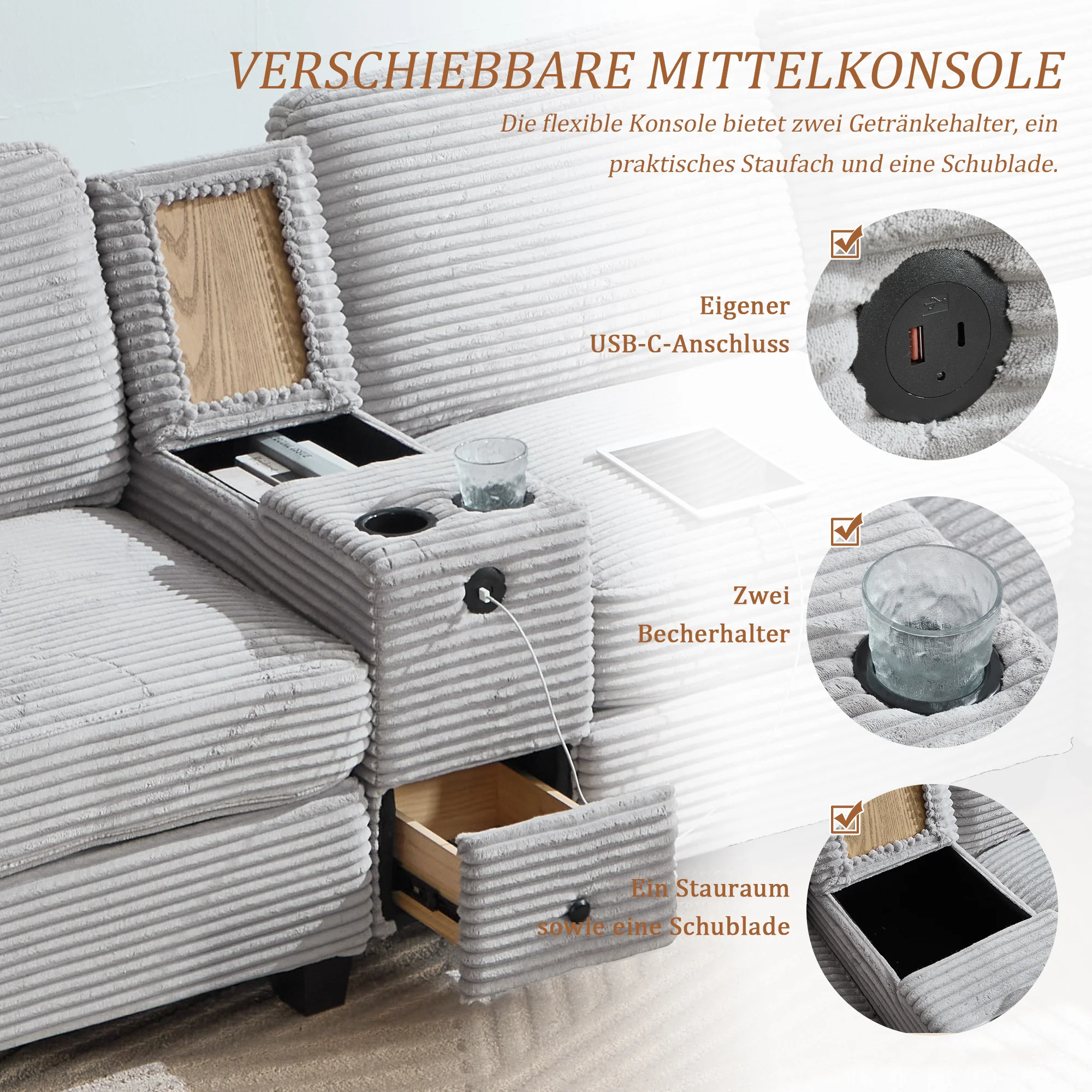 Corduroy Sofa Large Comfort Foam Console USB-C Storage Drawer Ottoman - Image 8