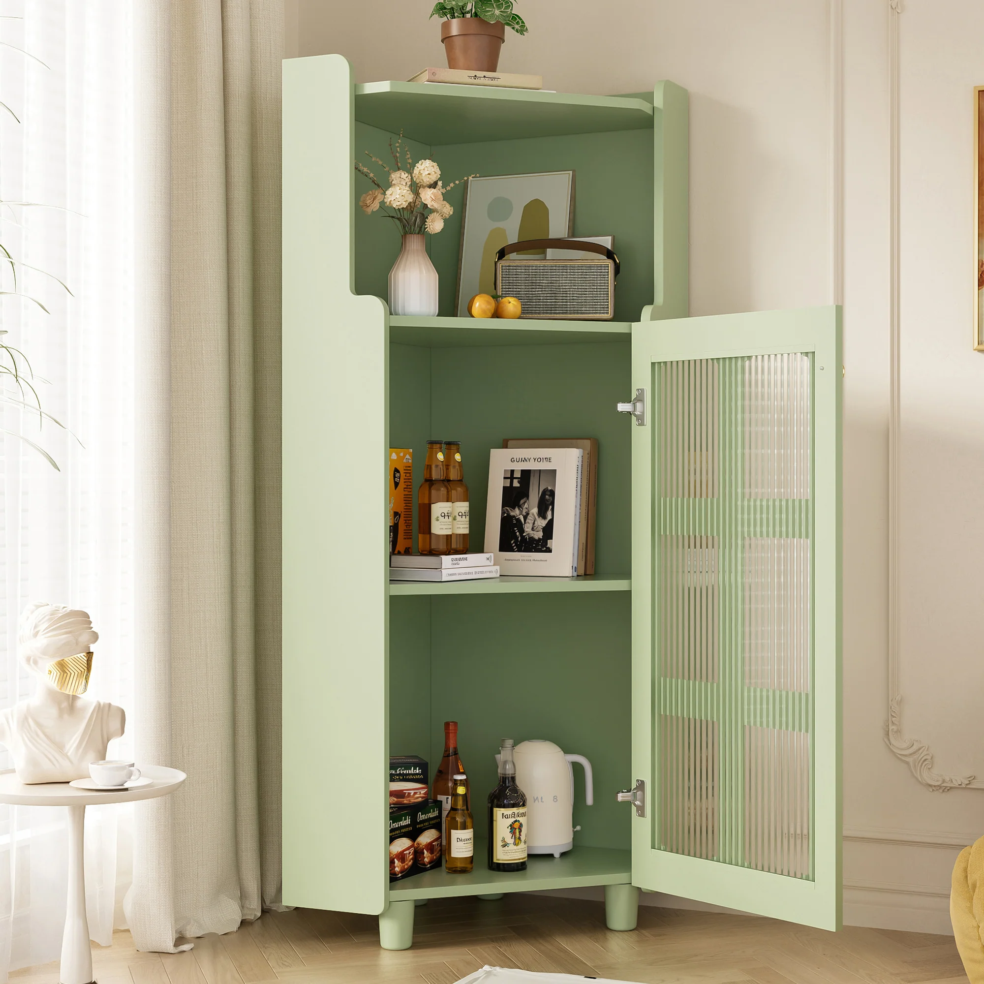 Corner Cabinet LED App Control Lacquered Finish 63.5x124cm - Green - Image 9
