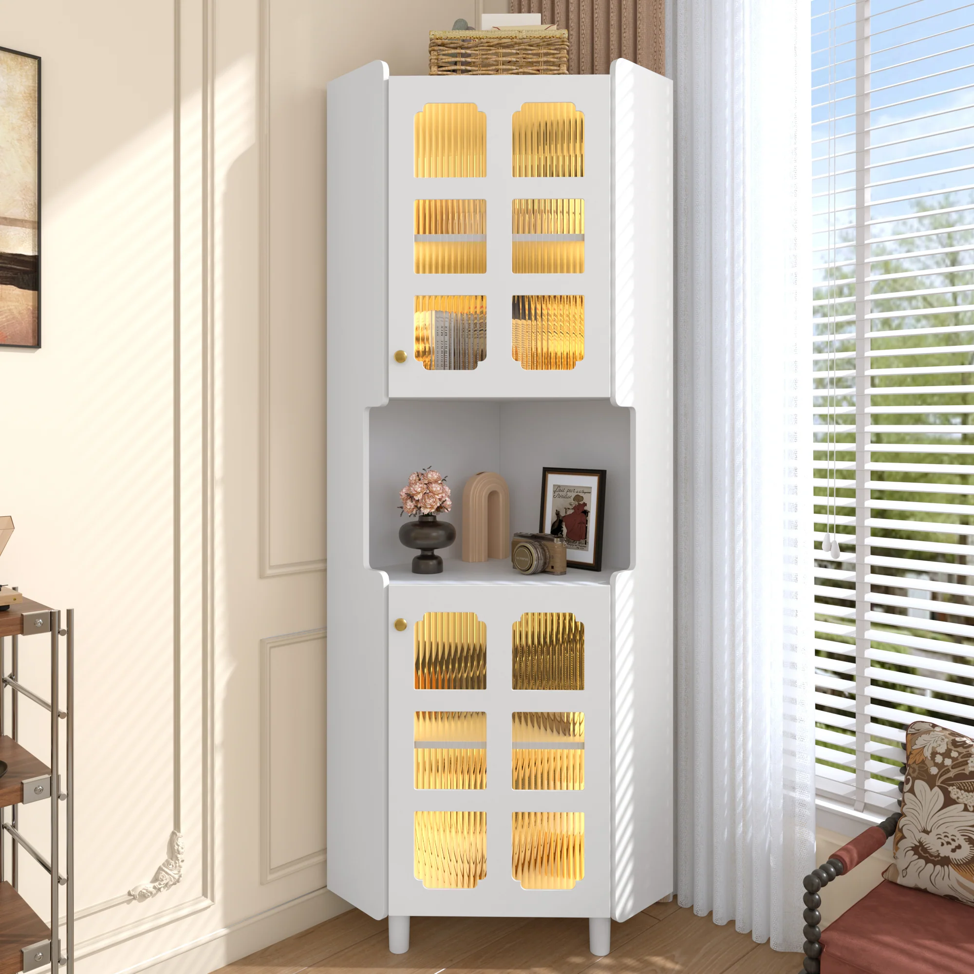 Corner Cabinet LED Multifunctional Storage - White Lacquer Finish