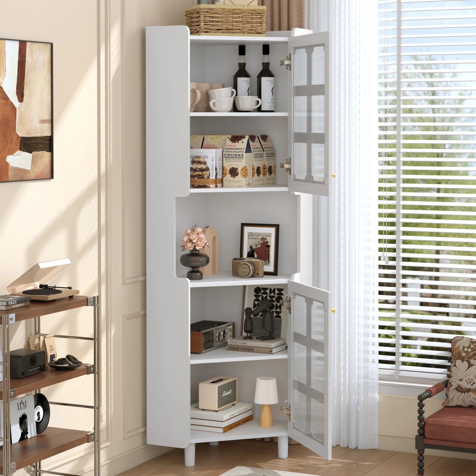 Corner Cabinet LED Multifunctional Storage - White Lacquer Finish - Image 6