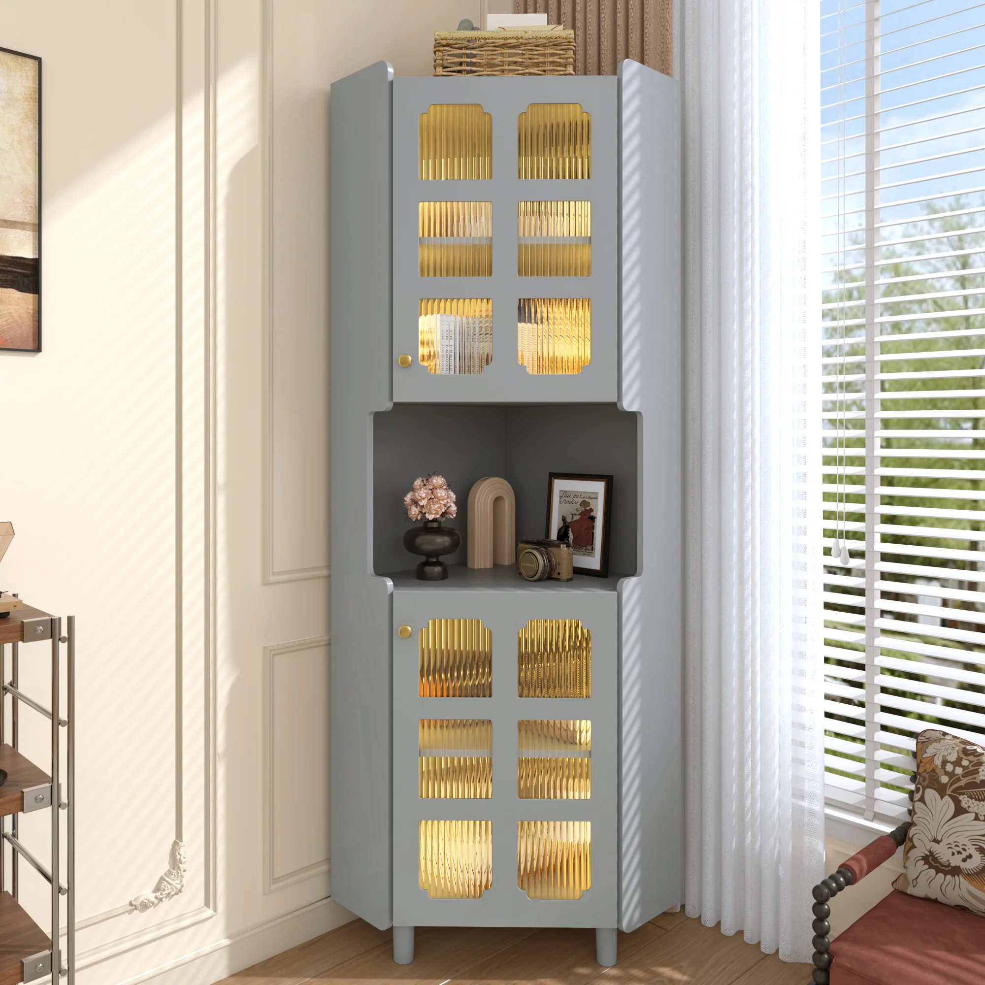 Corner Cabinet Multifunctional Storage LED Lacquer - Grey - Image 3