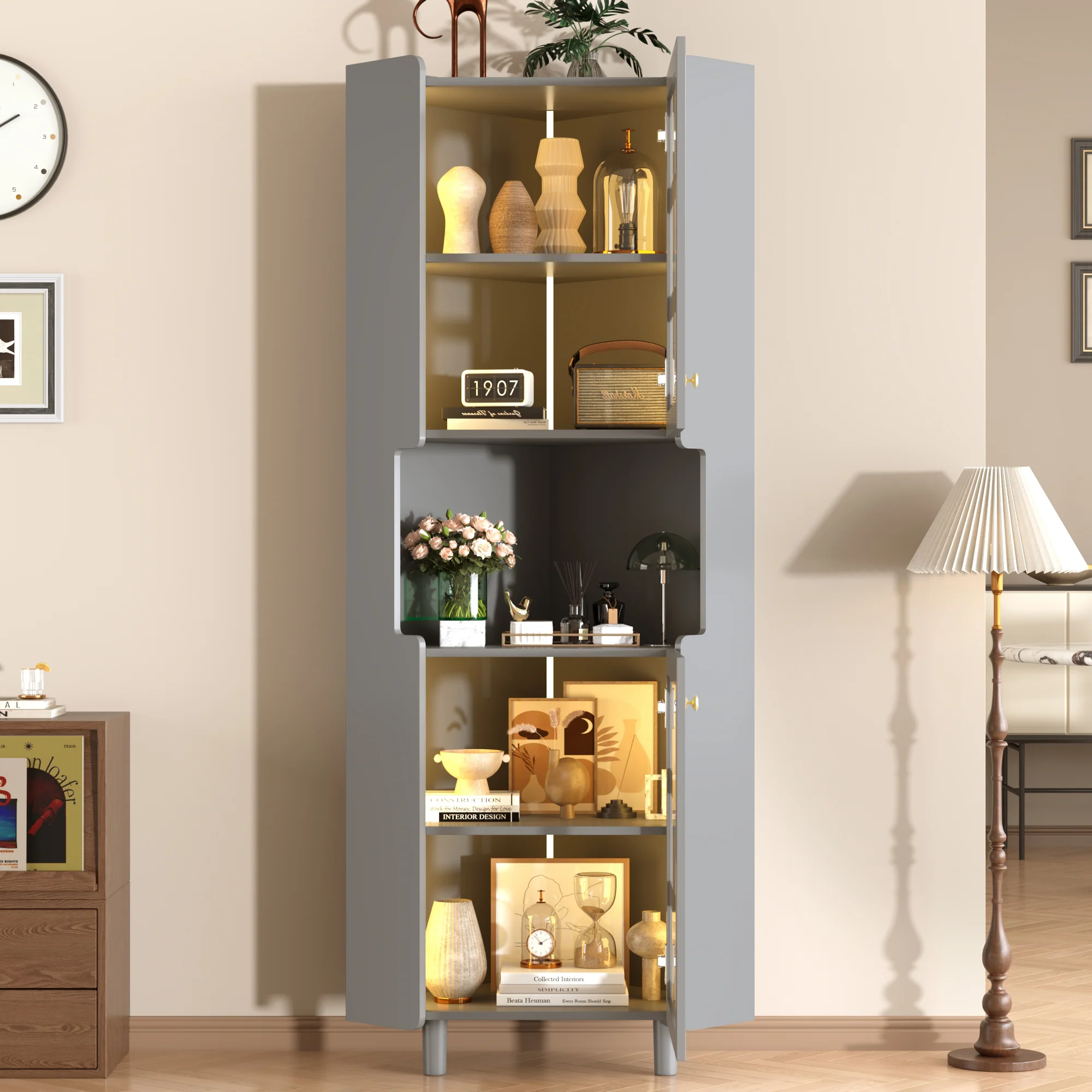 Corner Cabinet Multifunctional Storage LED Lacquer - Grey - Image 6