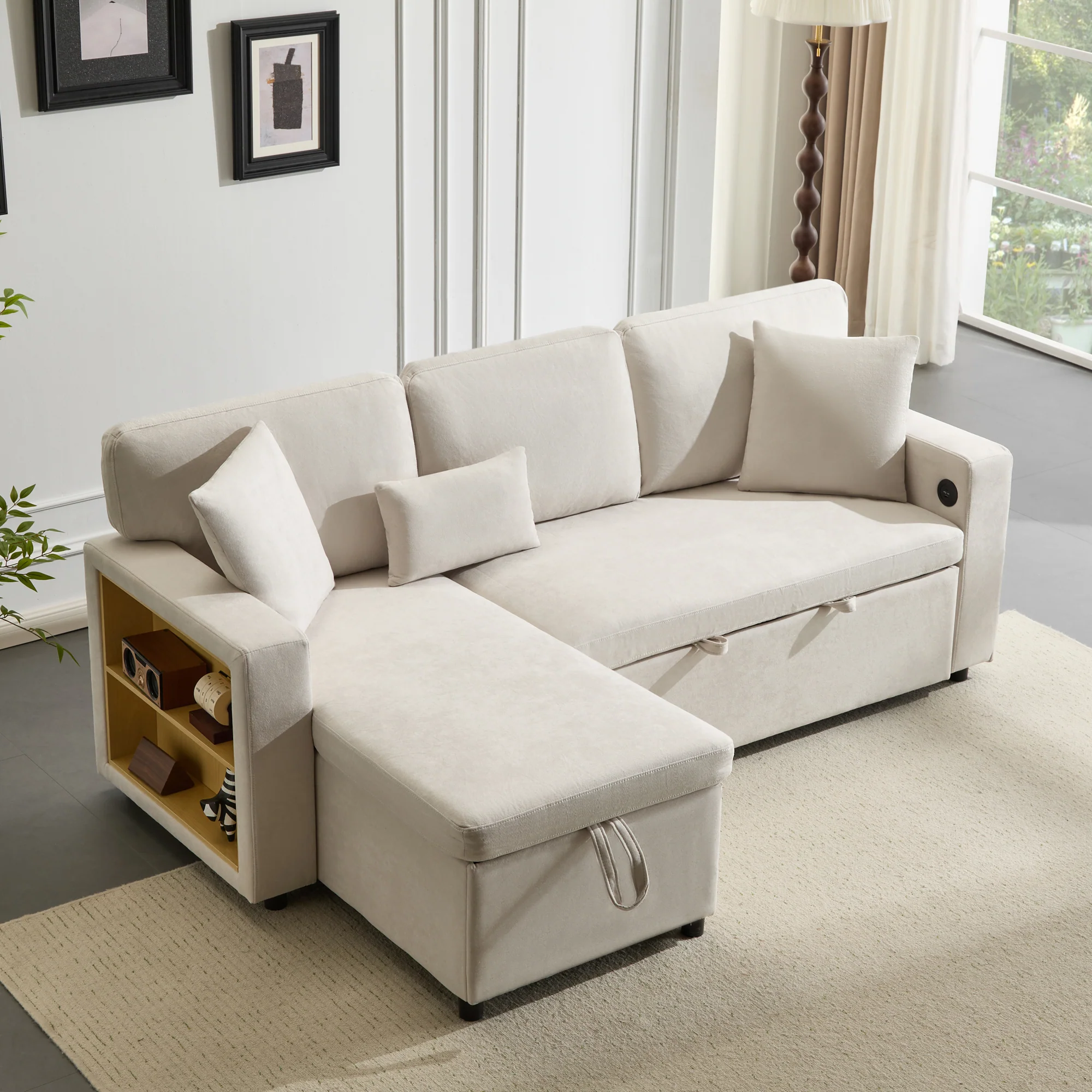 Corner Sofa Bed L-Shape Extendable Storage & Shelf - Beige - Image 2