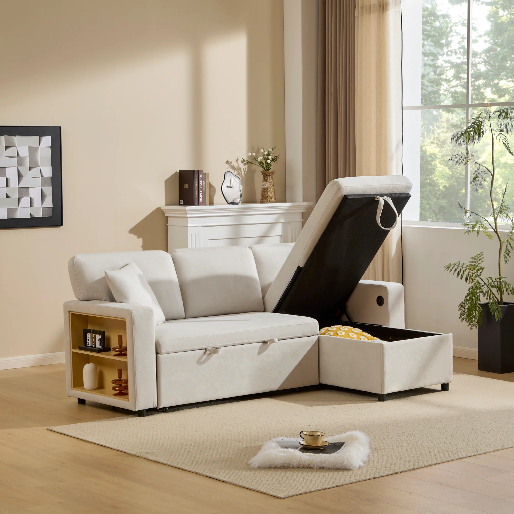 Corner Sofa Bed L-Shape Extendable Storage & Shelf - Beige - Image 5