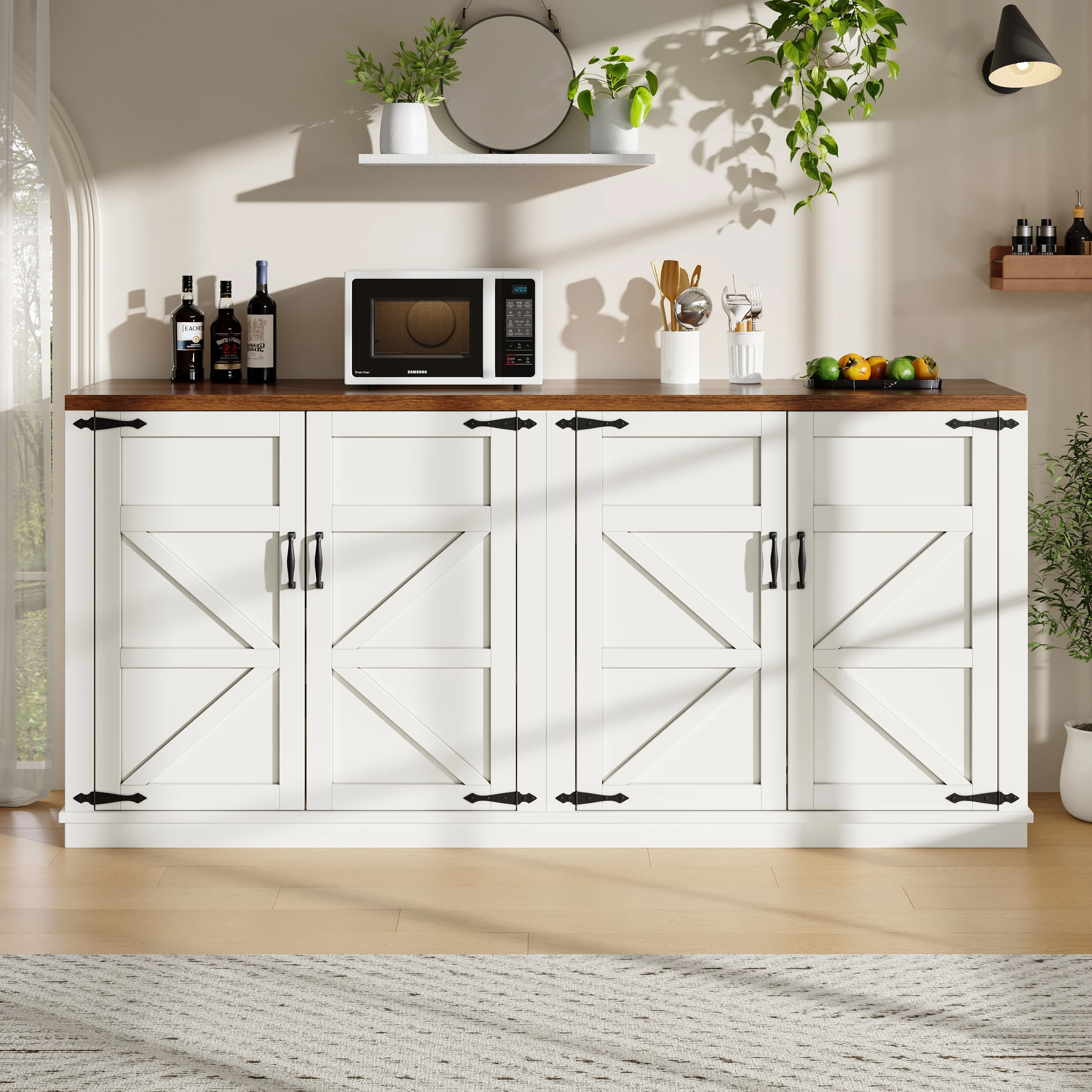 Country Sideboard 4 Doors 160x40x85cm Adjustable Shelves - White - Image 2