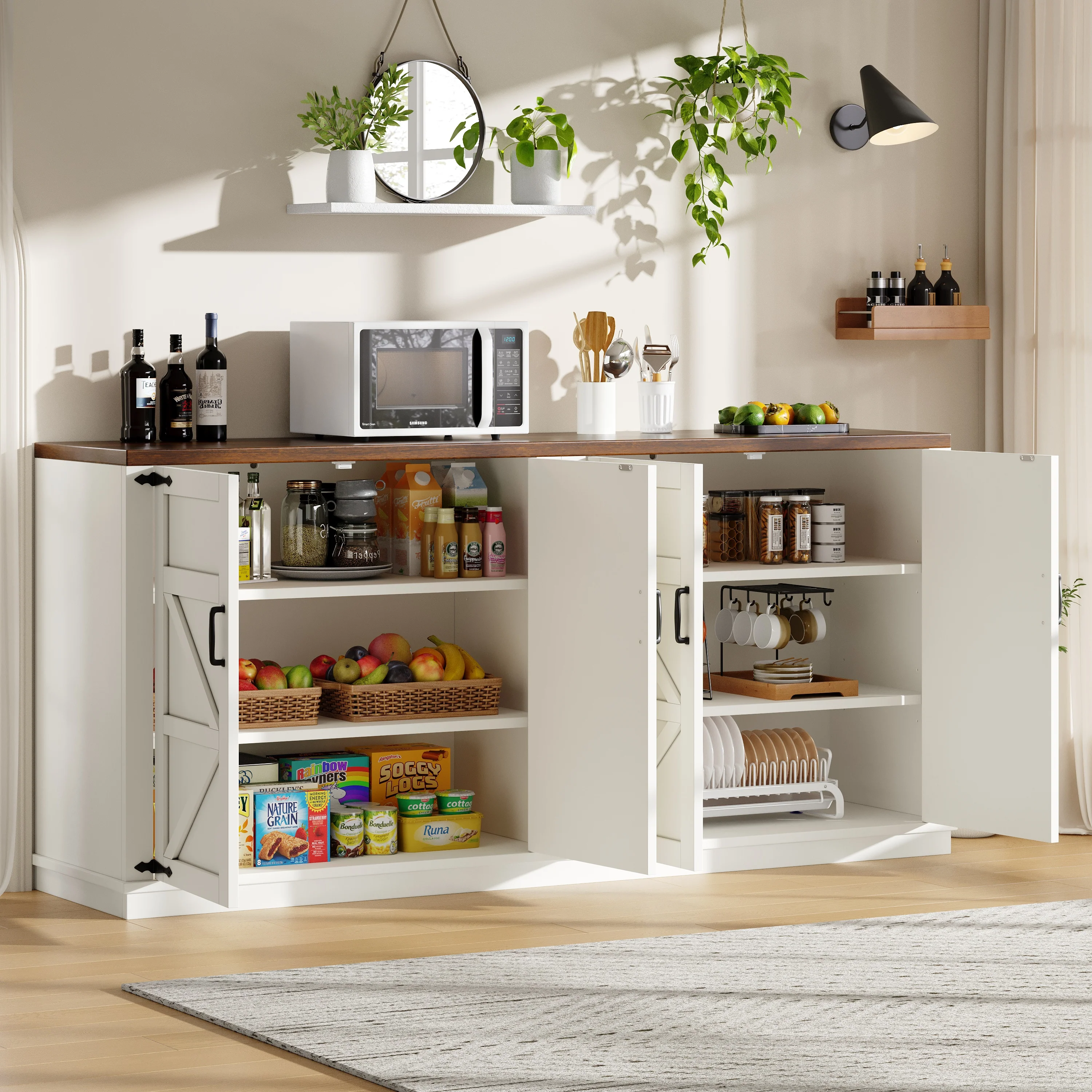 Country Sideboard 4 Doors 160x40x85cm Adjustable Shelves - White - Image 3