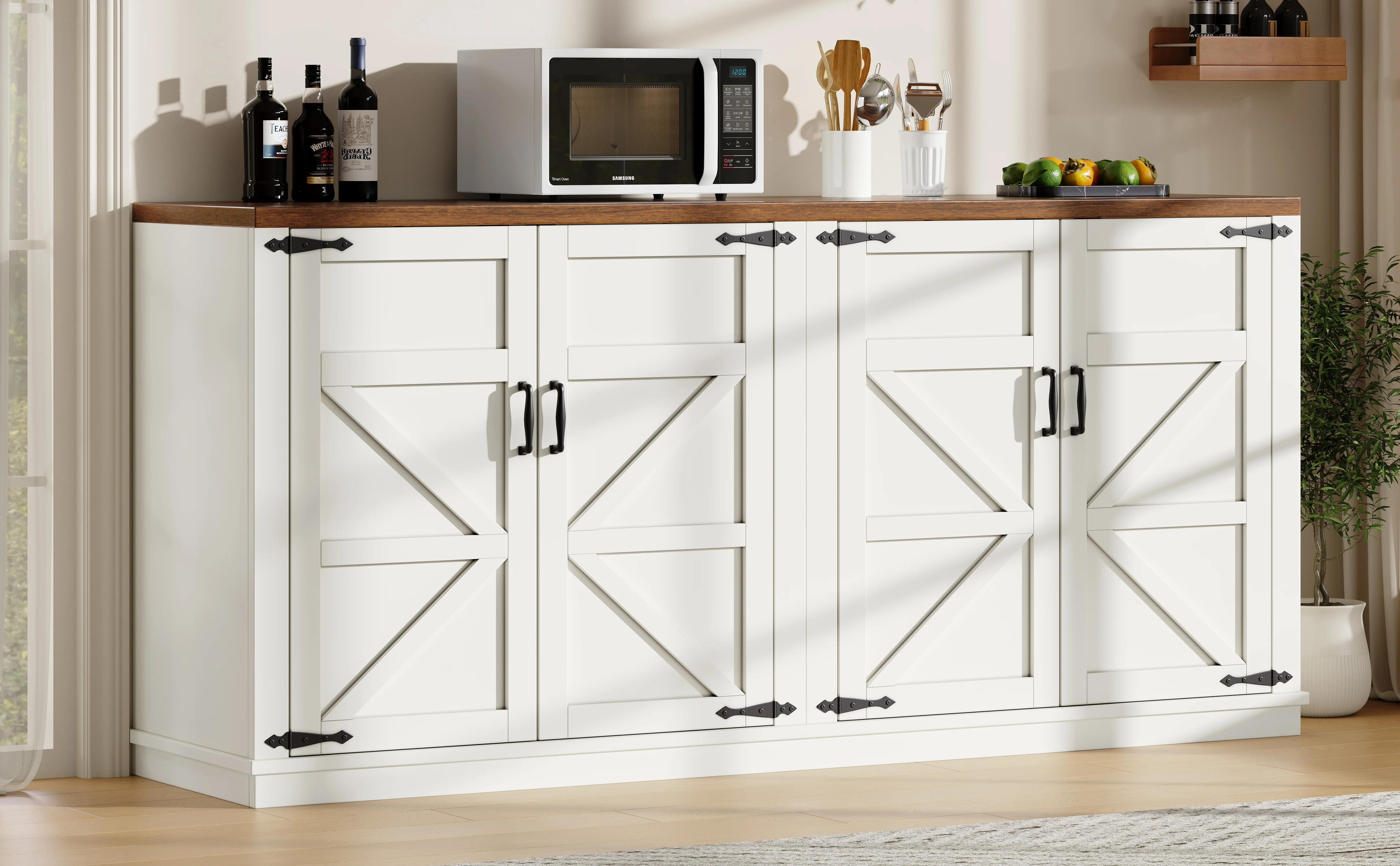 Country Sideboard 4 Doors 160x40x85cm Adjustable Shelves - White - Image 4