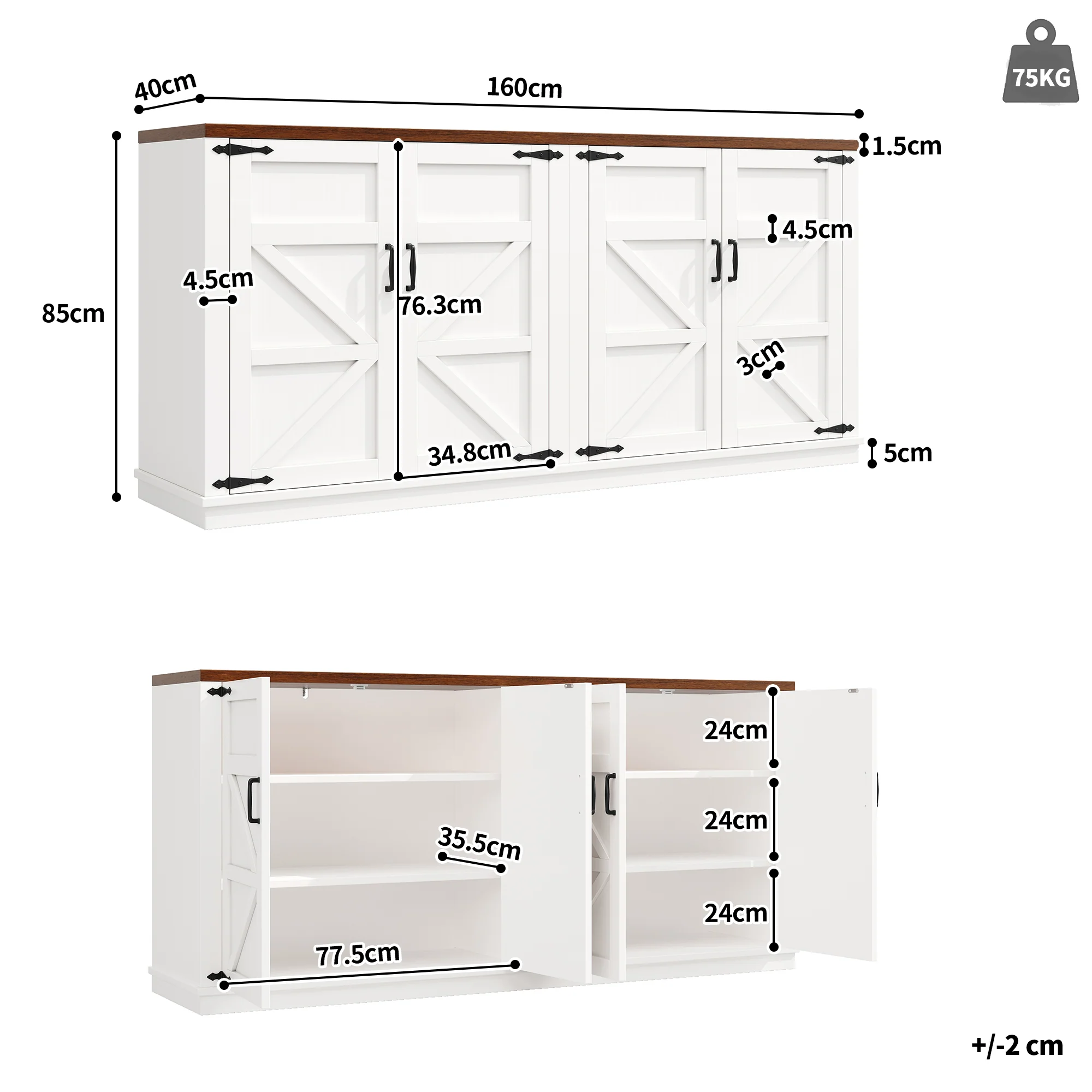 Country Sideboard 4 Doors 160x40x85cm Adjustable Shelves - White - Image 5