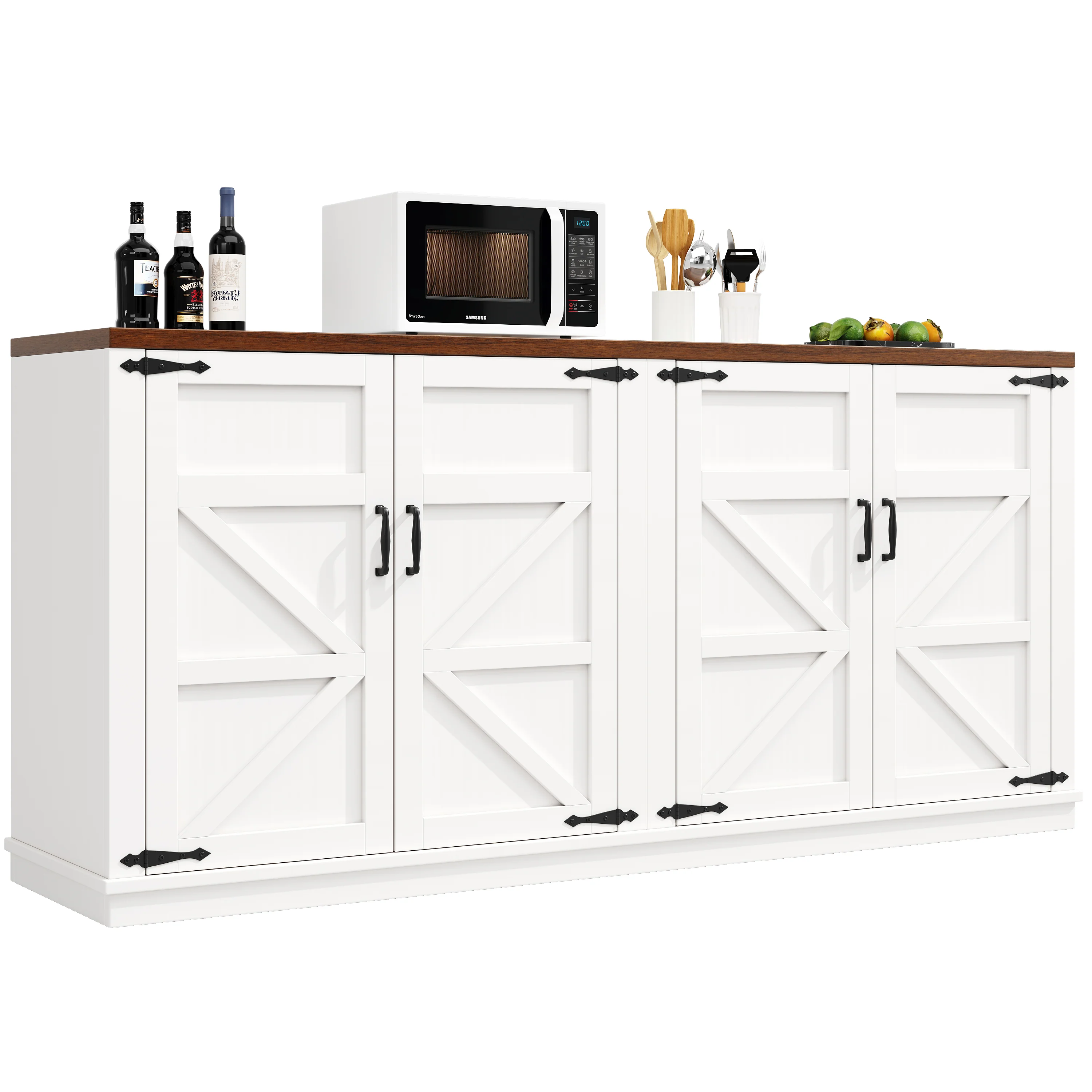 Country Sideboard 4 Doors 160x40x85cm Adjustable Shelves - White - Image 9