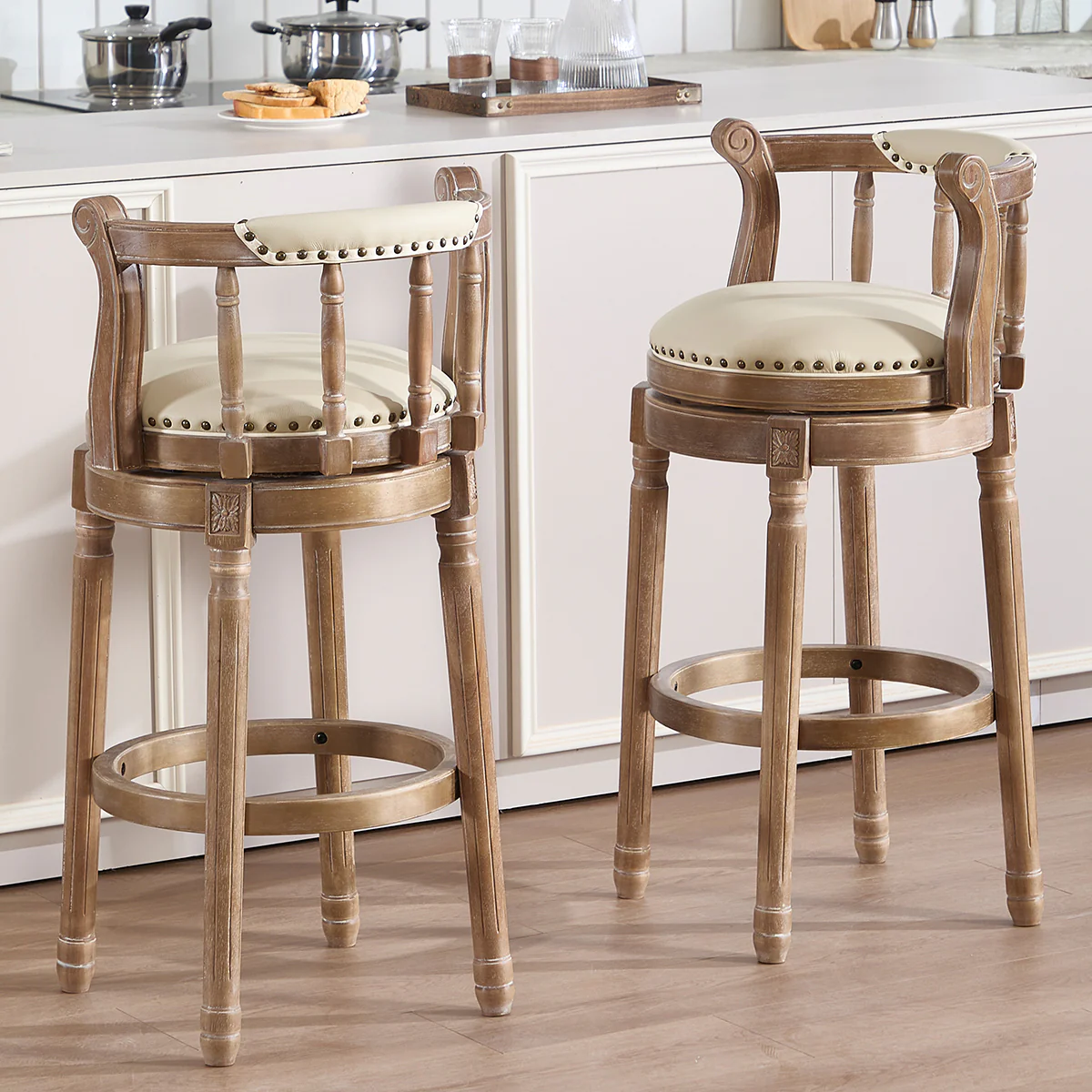 Cow Top Leather Bar Stools 360° Swivel with Backs, Bar/Counter Height - Wooden - Image 3