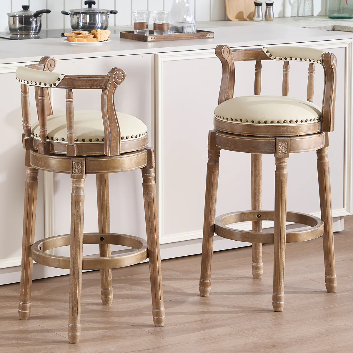 Cow Top Leather Bar Stools 360° Swivel with Backs, Bar/Counter Height - Wooden - Image 7