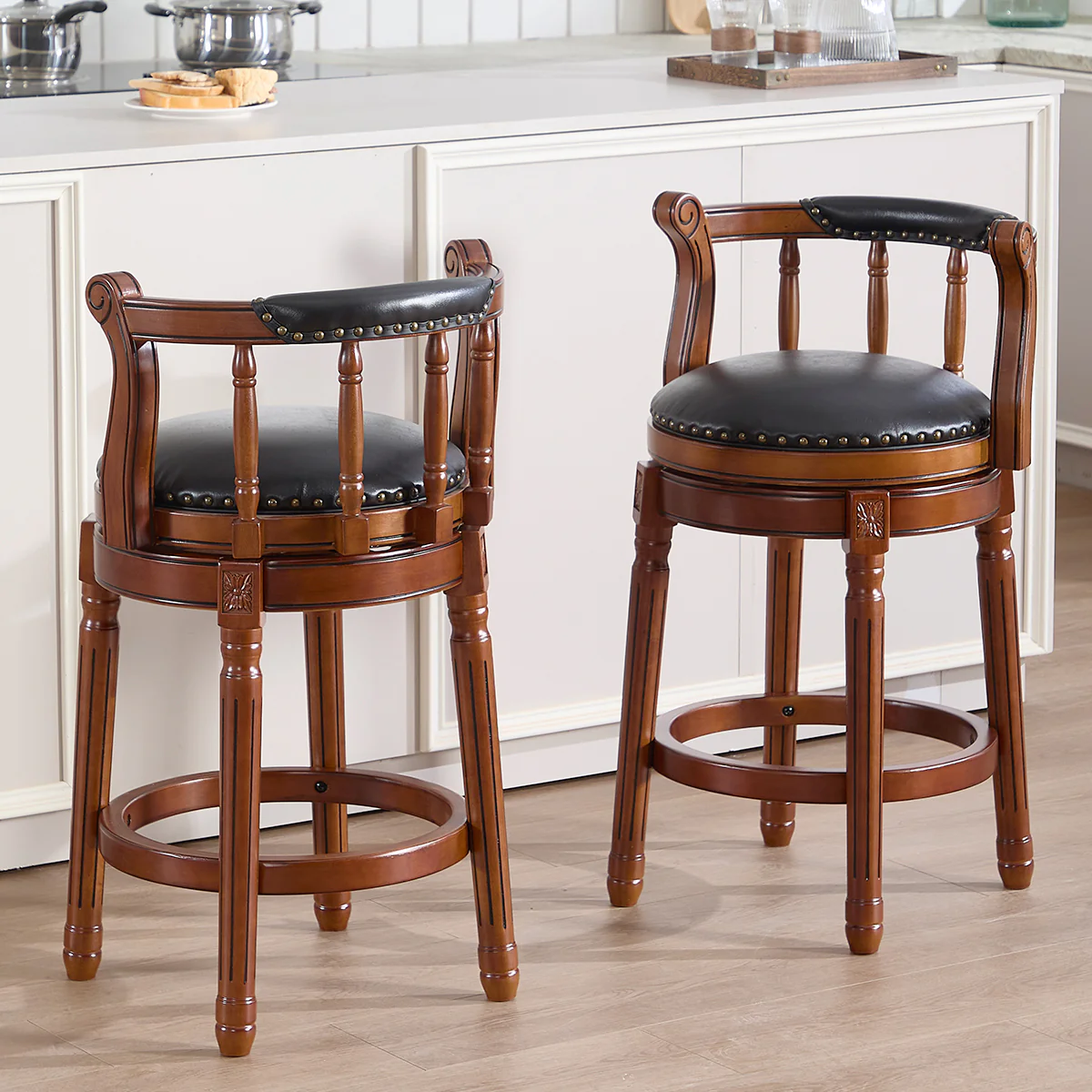 Cow Top Leather Bar Stools 360° Swivel with Backs Bar/Counter Height - Wooden/Leather - Image 2