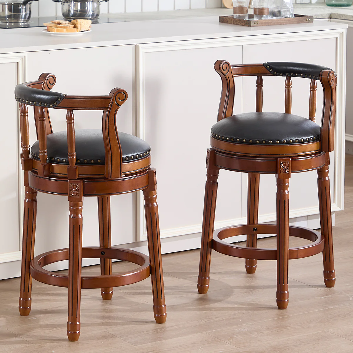 Cow Top Leather Bar Stools 360° Swivel with Backs Bar/Counter Height - Wooden/Leather - Image 7