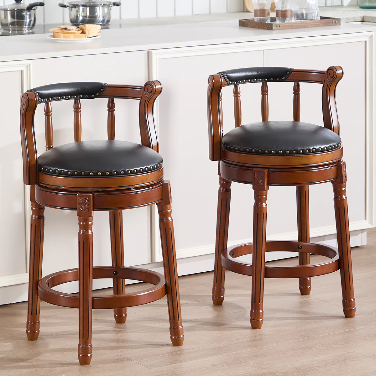 Cow Top Leather Bar Stools 360° Swivel with Backs Bar/Counter Height - Wooden/Leather - Image 9