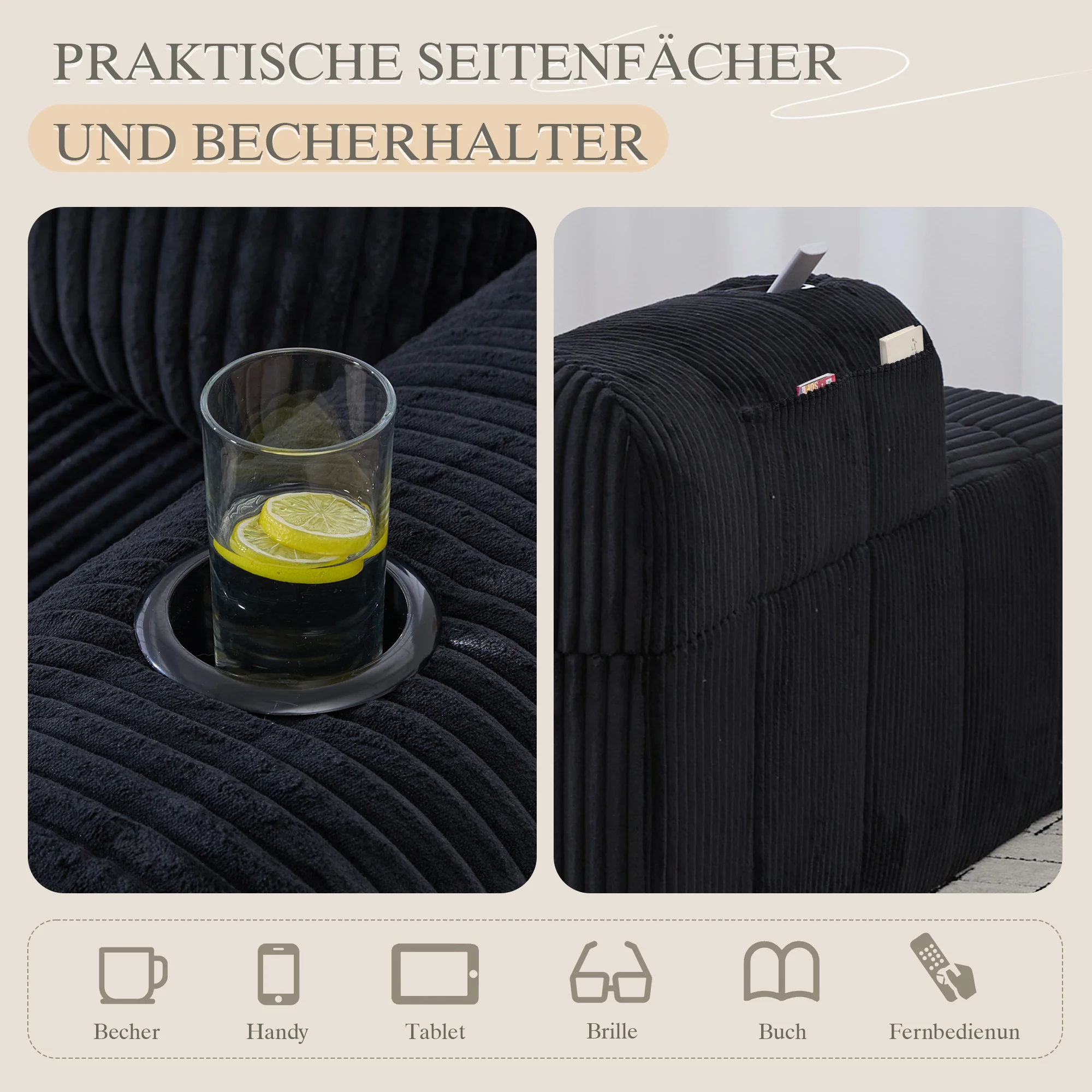 Cozy Recliner Sofa, No Assembly, Side Pocket, Drink Holder - Corduroy - Image 8