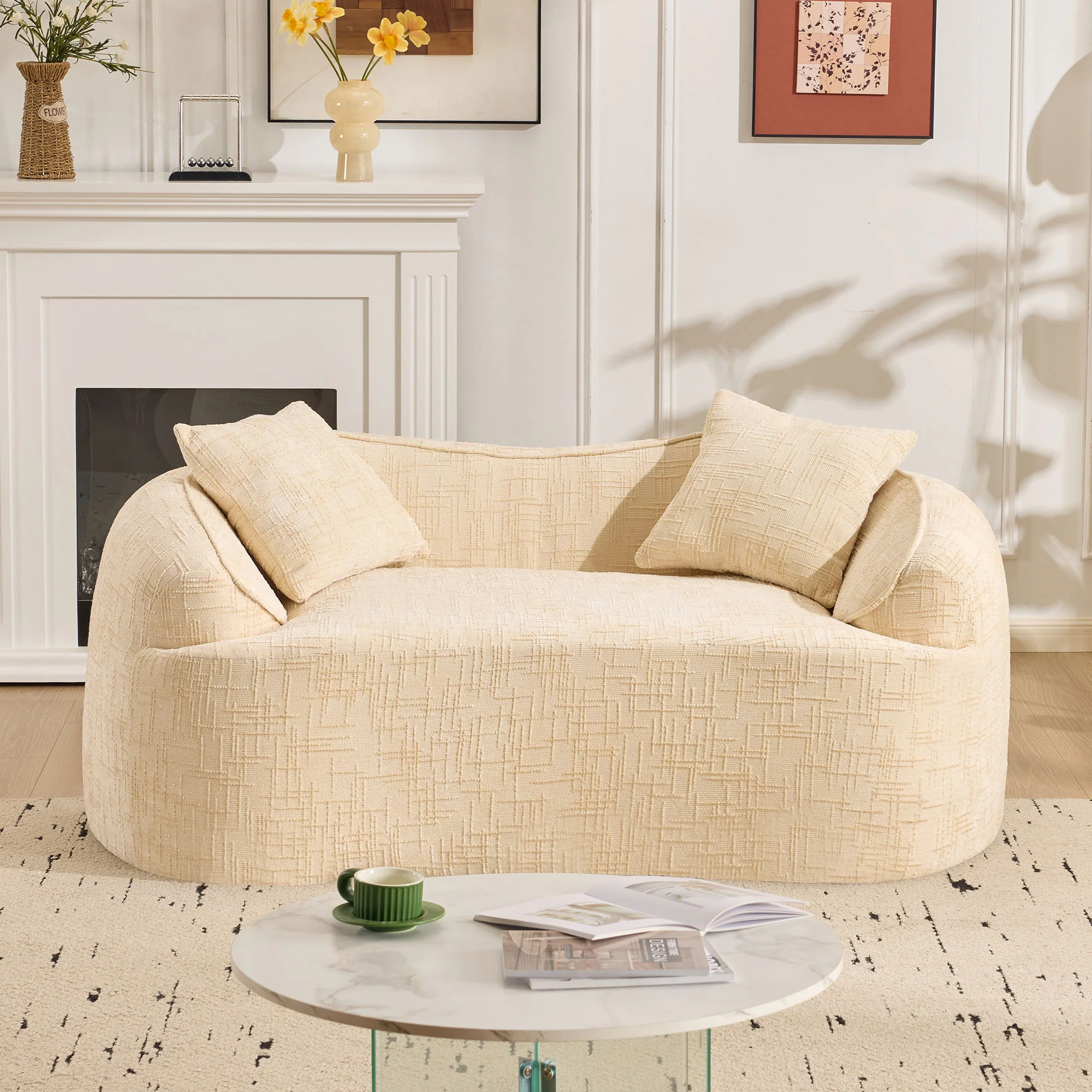 Curved Compression Sofa 2-Seater Armrests & Cushions - Beige