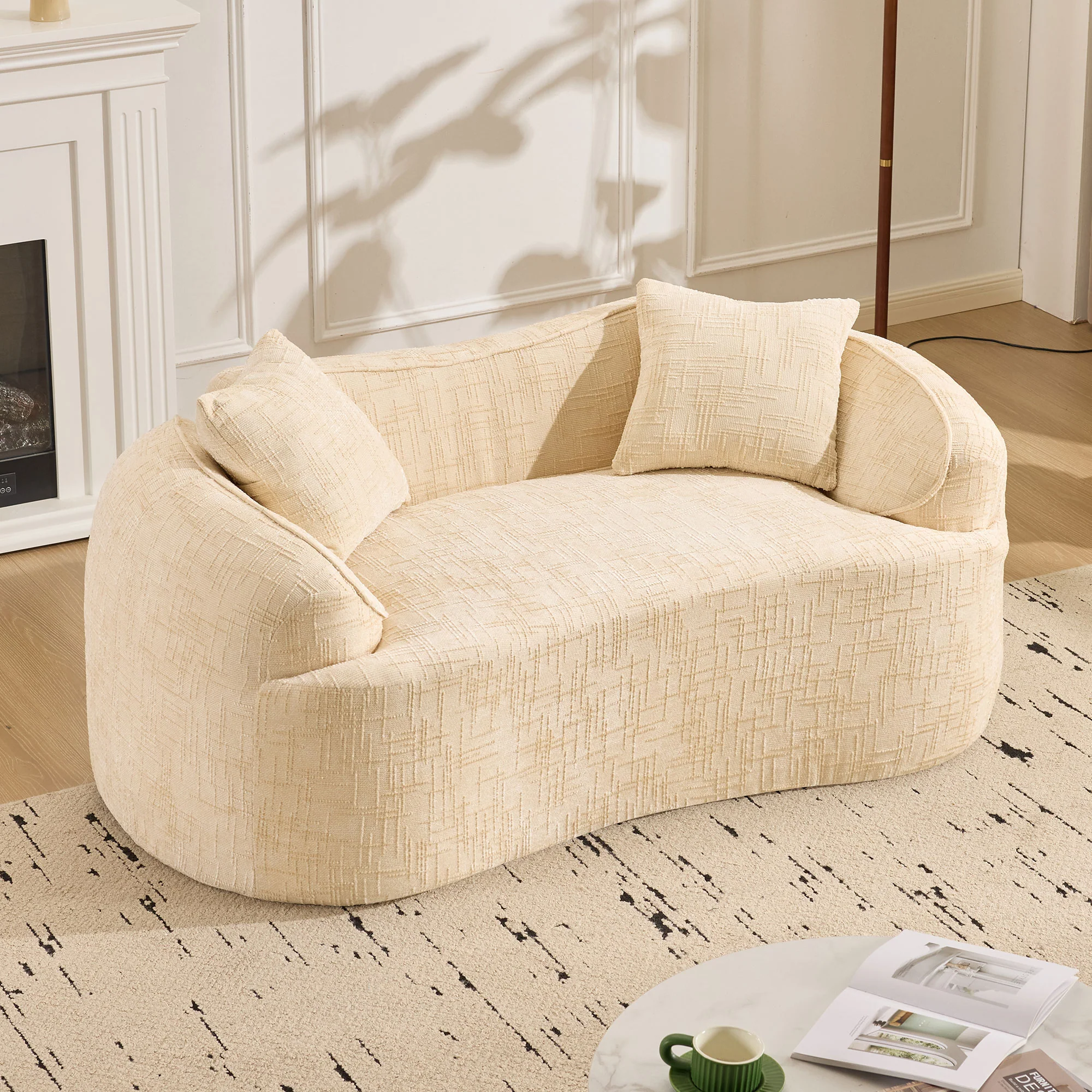 Curved Compression Sofa 2-Seater Armrests & Cushions - Beige - Image 3