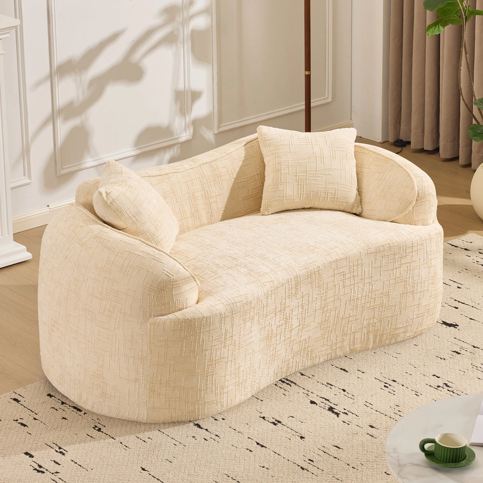 Curved Compression Sofa 2-Seater Armrests & Cushions - Beige - Image 4