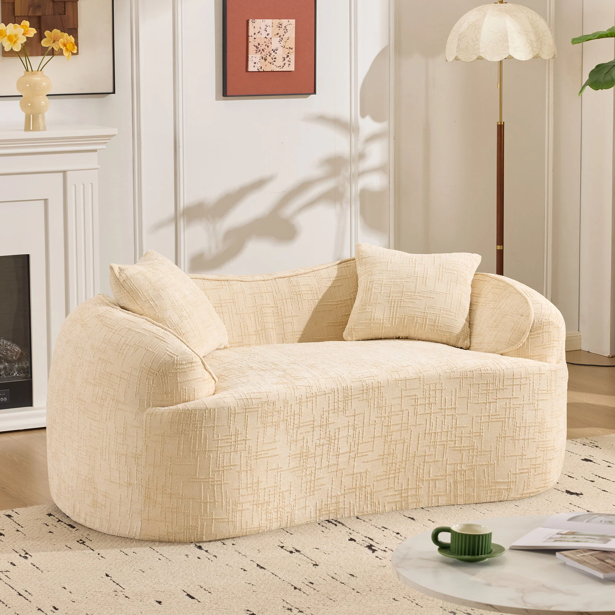 Curved Compression Sofa 2-Seater Armrests & Cushions - Beige - Image 5