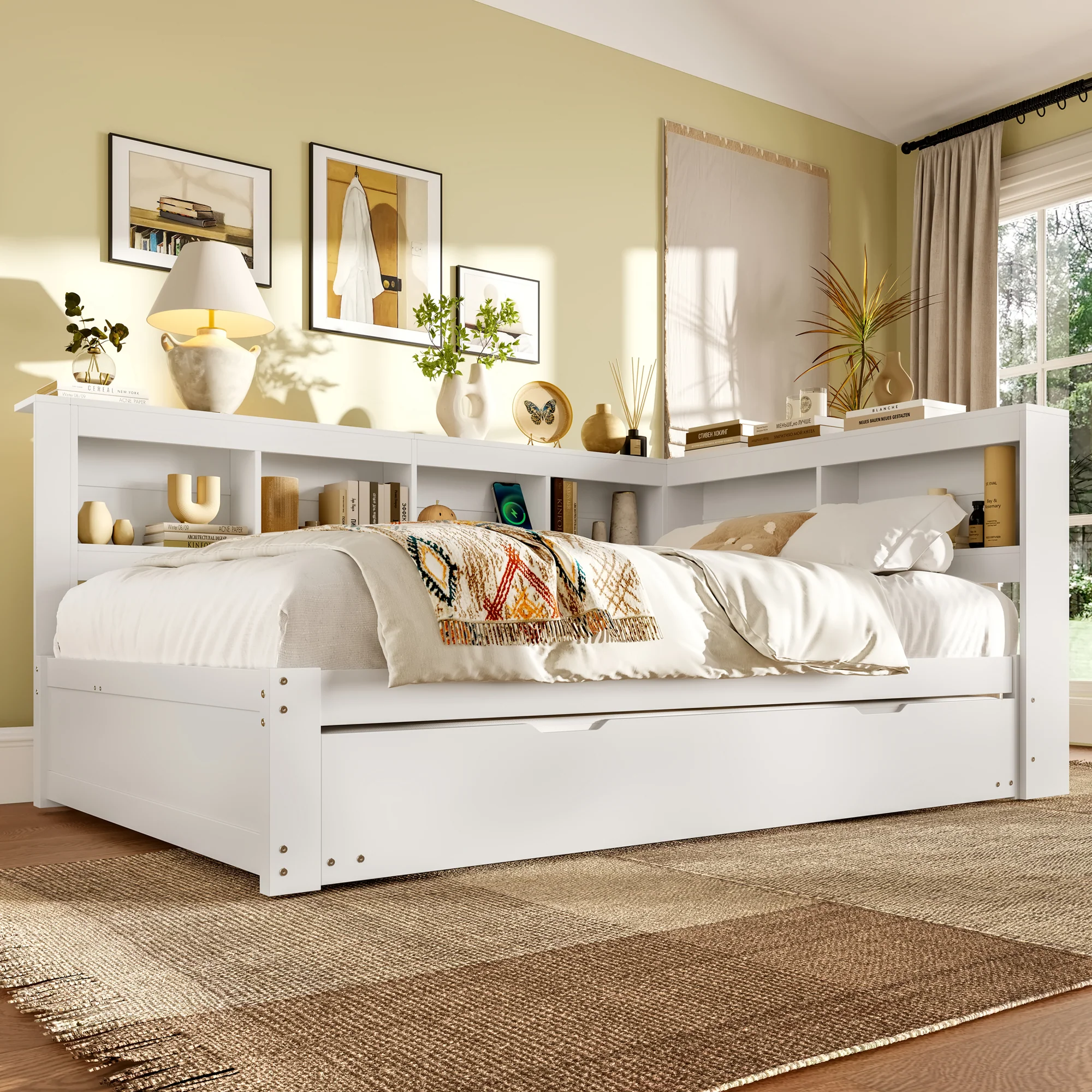 Daybed 140x200cm Pull-out Bed Power Outlet 2 USB - White Chipboard - Image 2
