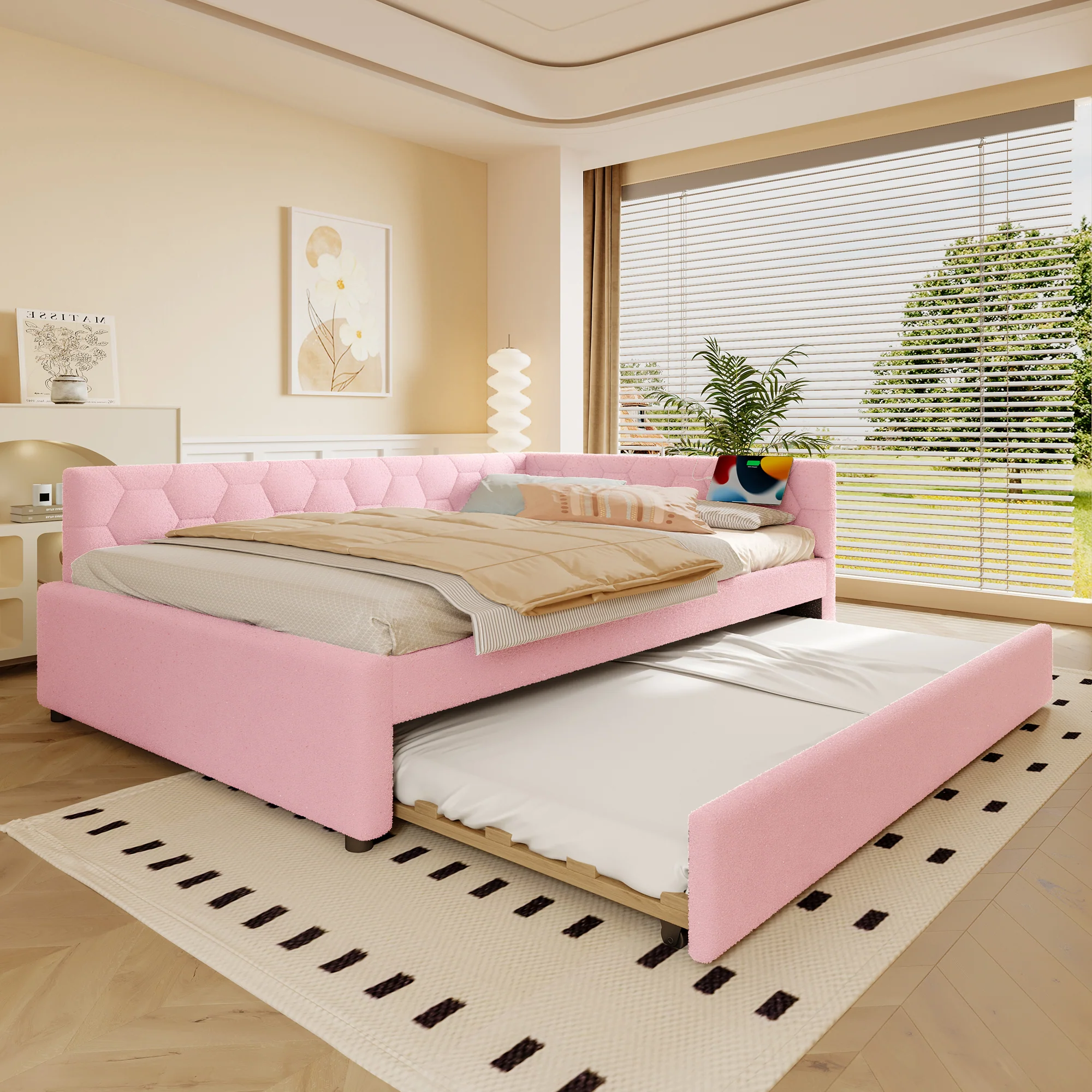 Daybed 140x200cm Sofa Bed Pull-Out Bed Lamp USB/Type-C - Faux Fleece Pink