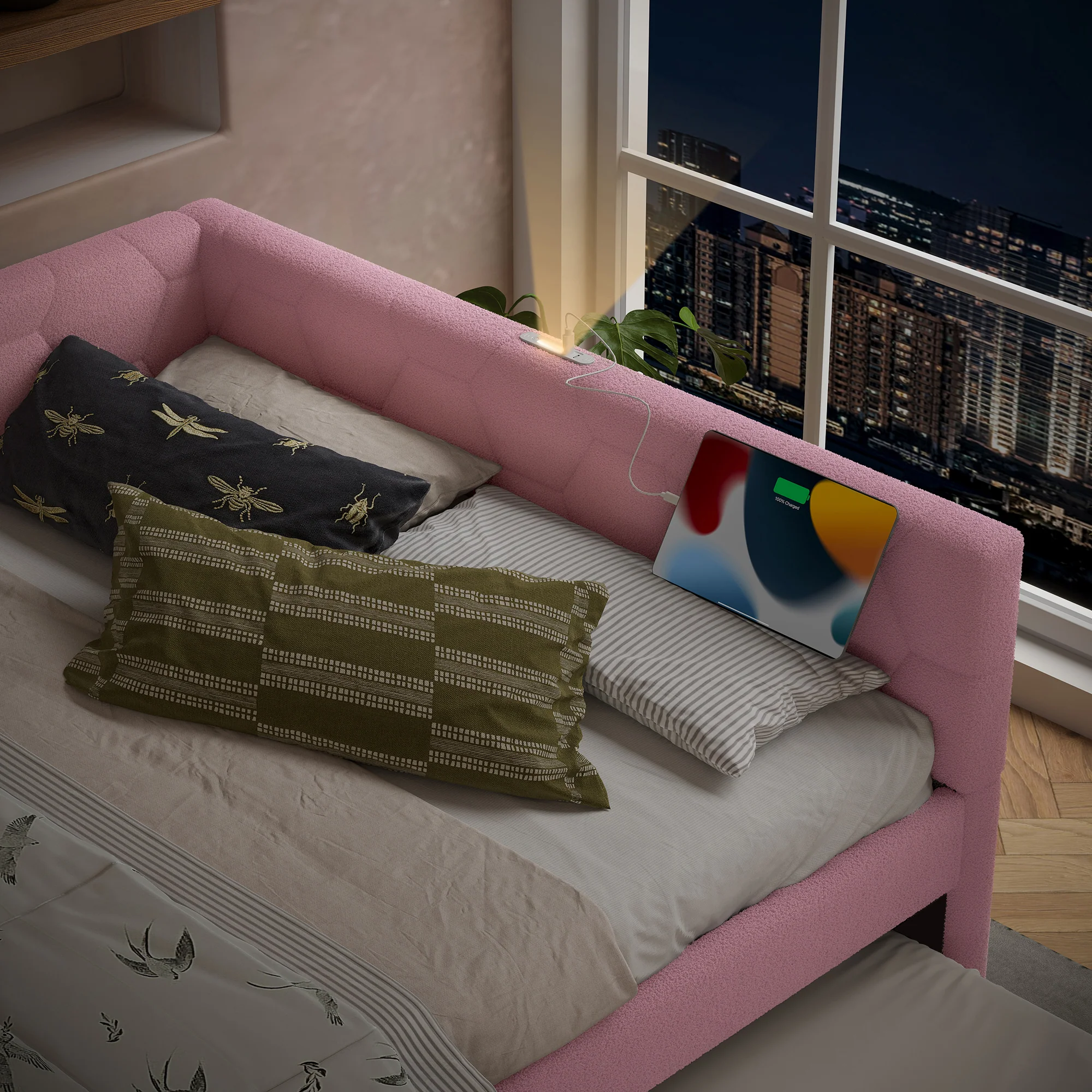 Daybed 140x200cm Sofa Bed Pull-Out Bed Lamp USB/Type-C - Faux Fleece Pink - Image 10