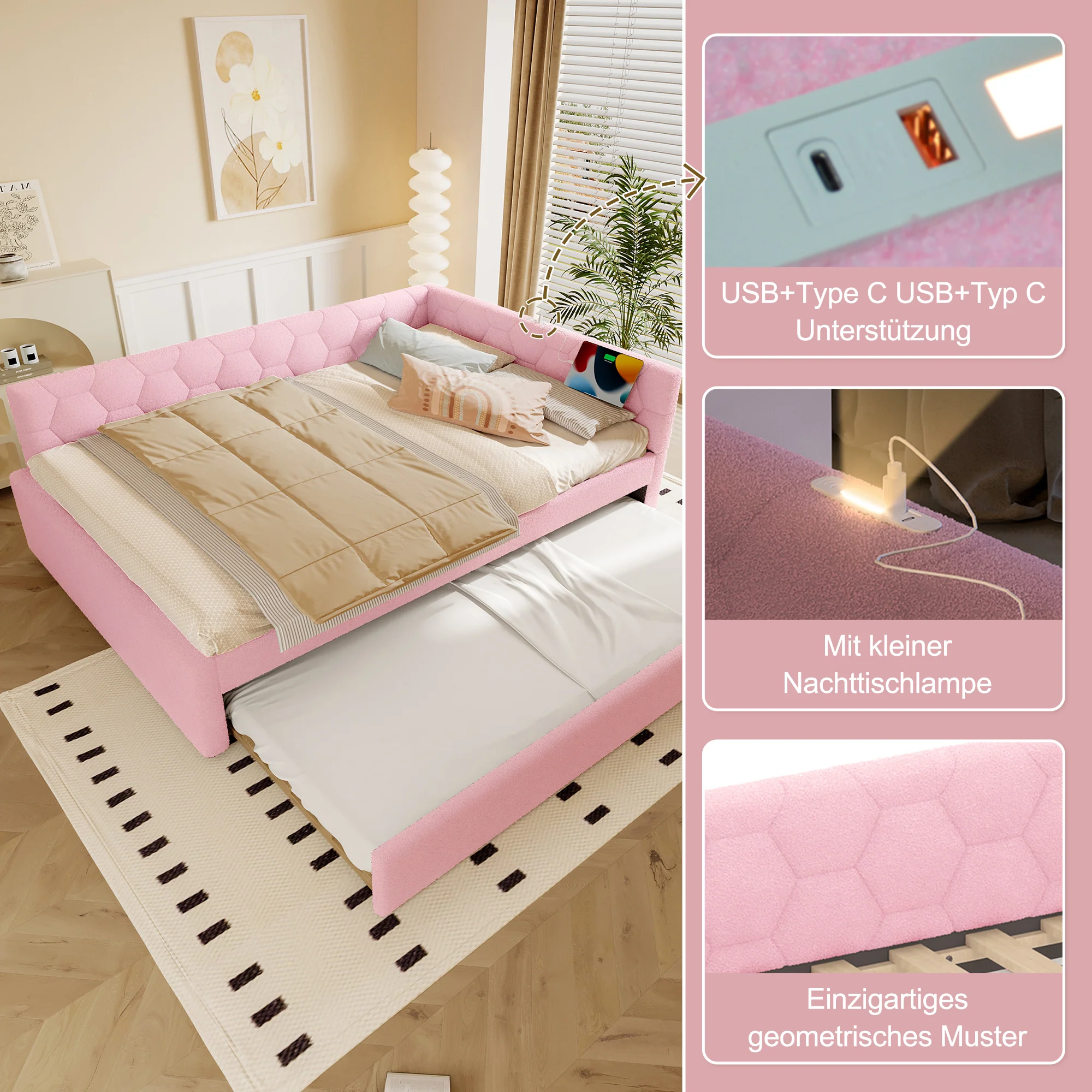 Daybed 140x200cm Sofa Bed Pull-Out Bed Lamp USB/Type-C - Faux Fleece Pink - Image 2