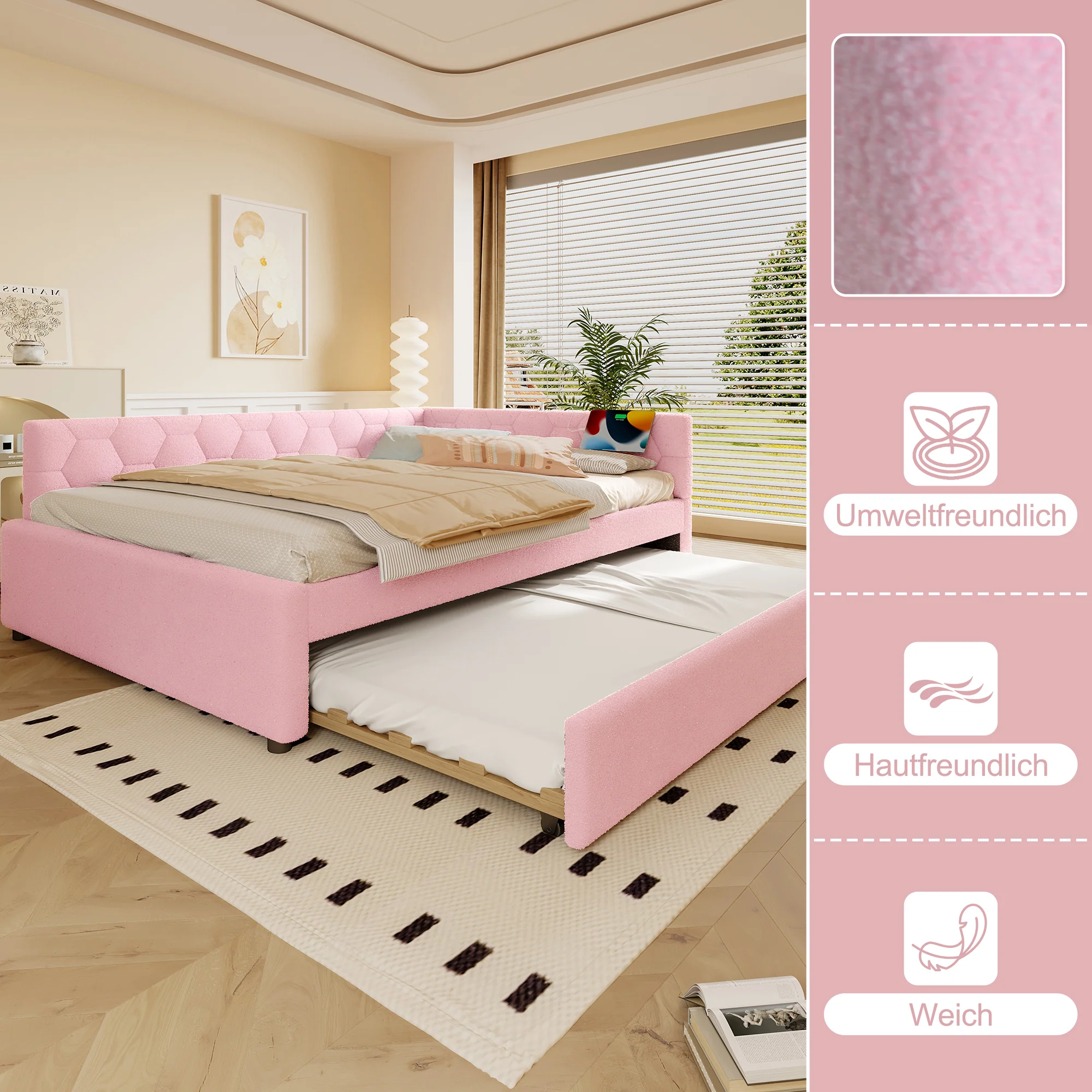 Daybed 140x200cm Sofa Bed Pull-Out Bed Lamp USB/Type-C - Faux Fleece Pink - Image 3