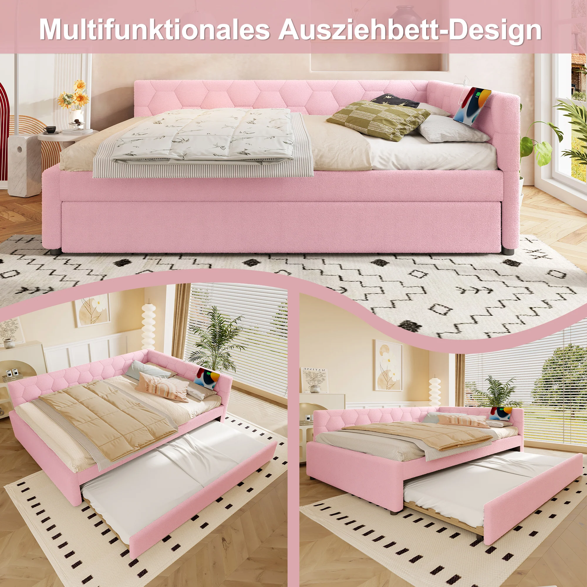 Daybed 140x200cm Sofa Bed Pull-Out Bed Lamp USB/Type-C - Faux Fleece Pink - Image 4