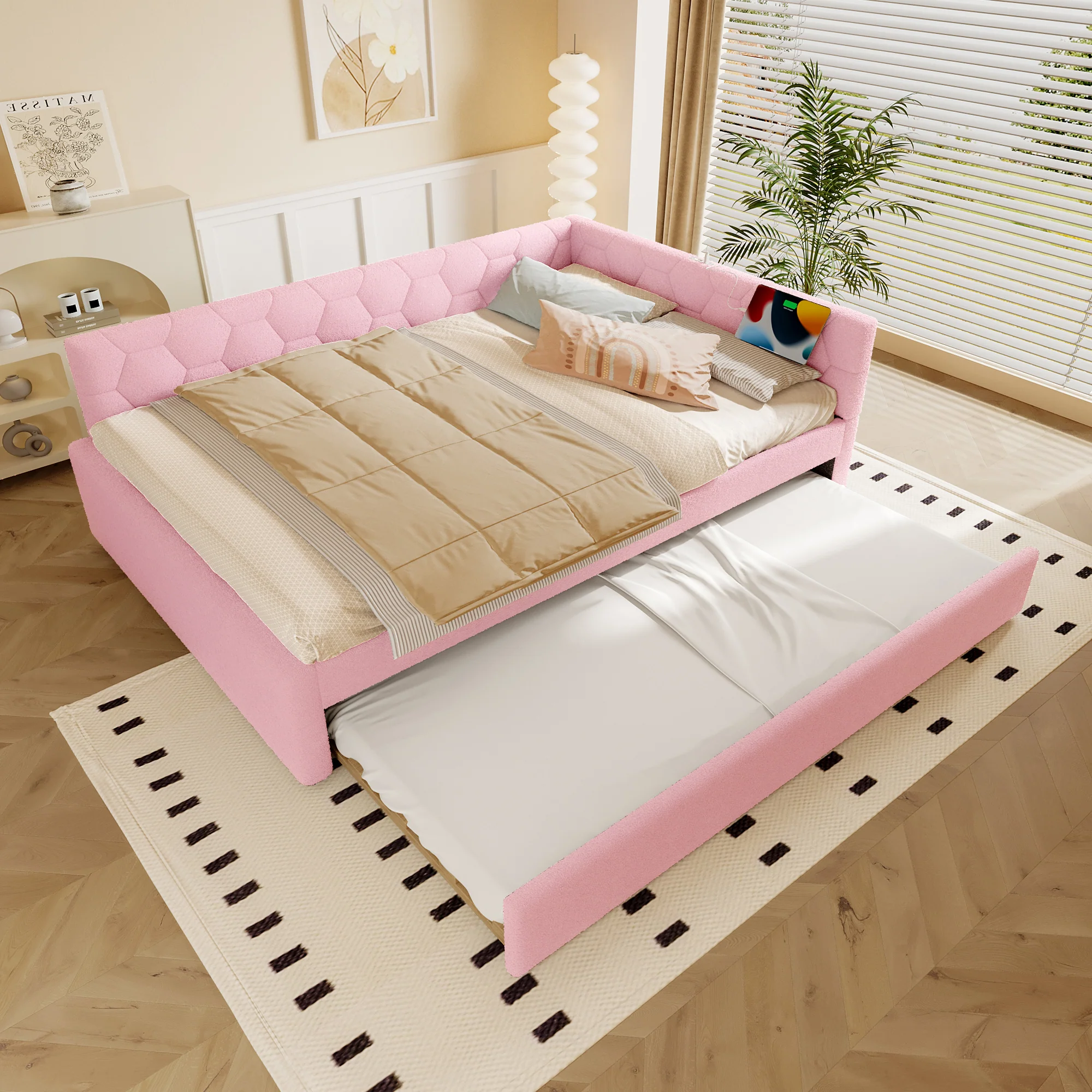 Daybed 140x200cm Sofa Bed Pull-Out Bed Lamp USB/Type-C - Faux Fleece Pink - Image 5