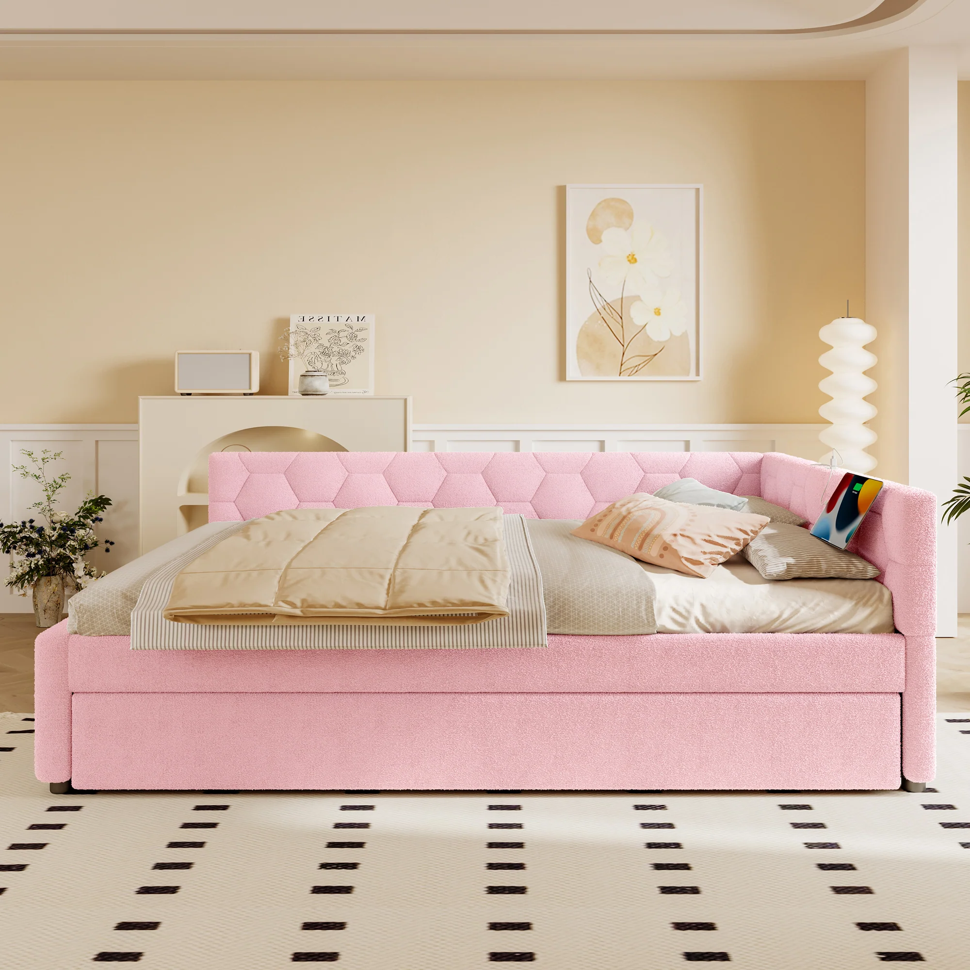 Daybed 140x200cm Sofa Bed Pull-Out Bed Lamp USB/Type-C - Faux Fleece Pink - Image 6
