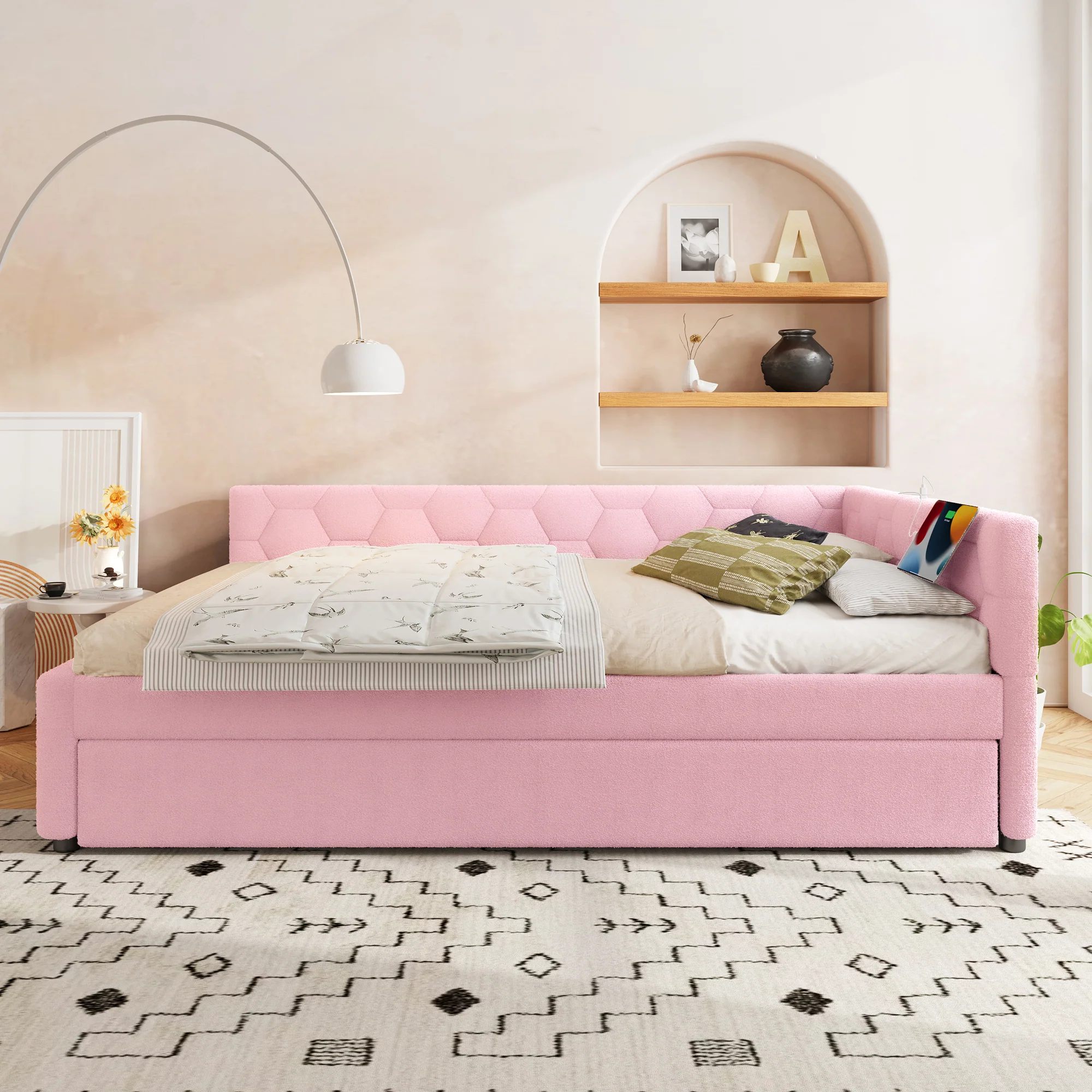 Daybed 140x200cm Sofa Bed Pull-Out Bed Lamp USB/Type-C - Faux Fleece Pink - Image 8